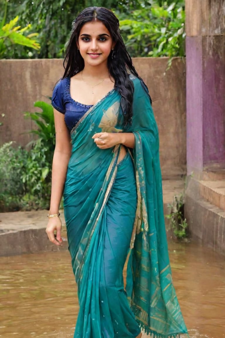 Beautiful women, face focused, a vibrant and sunny day in a city in Tamil Nadu. A 19-year-old girl named Meera at the mall . She is wearing a traditional wet saree , Her long, dark, wet hair is adorned , and she has a gentle smile on her face, exuding confidence and grace., high quality, 8K Ultra HD, hyper-realistic, 

 wet clothes, wet clothes, wet skin, wet hair, ,soakingwetclothes,victorian dress,Pakistani dress,indian