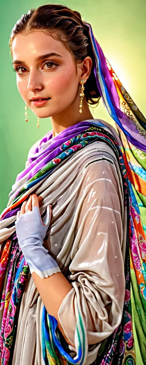 (best quality,8K,highres,masterpiece,raw image), ultra-detailed, featuring a beautiful young wet woman adorned in a realistic detailed wet designer  dress shirts shawl that emits a soft, ethereal light. Her flowy black chignon wet hair appears to be infused with the same radiant wet glow. eye contact,kind wet smile, lipgloss, The well lit backdrop consists of glowing grapes, colorful,colorful,soakingwetclothes,Pakistani dress