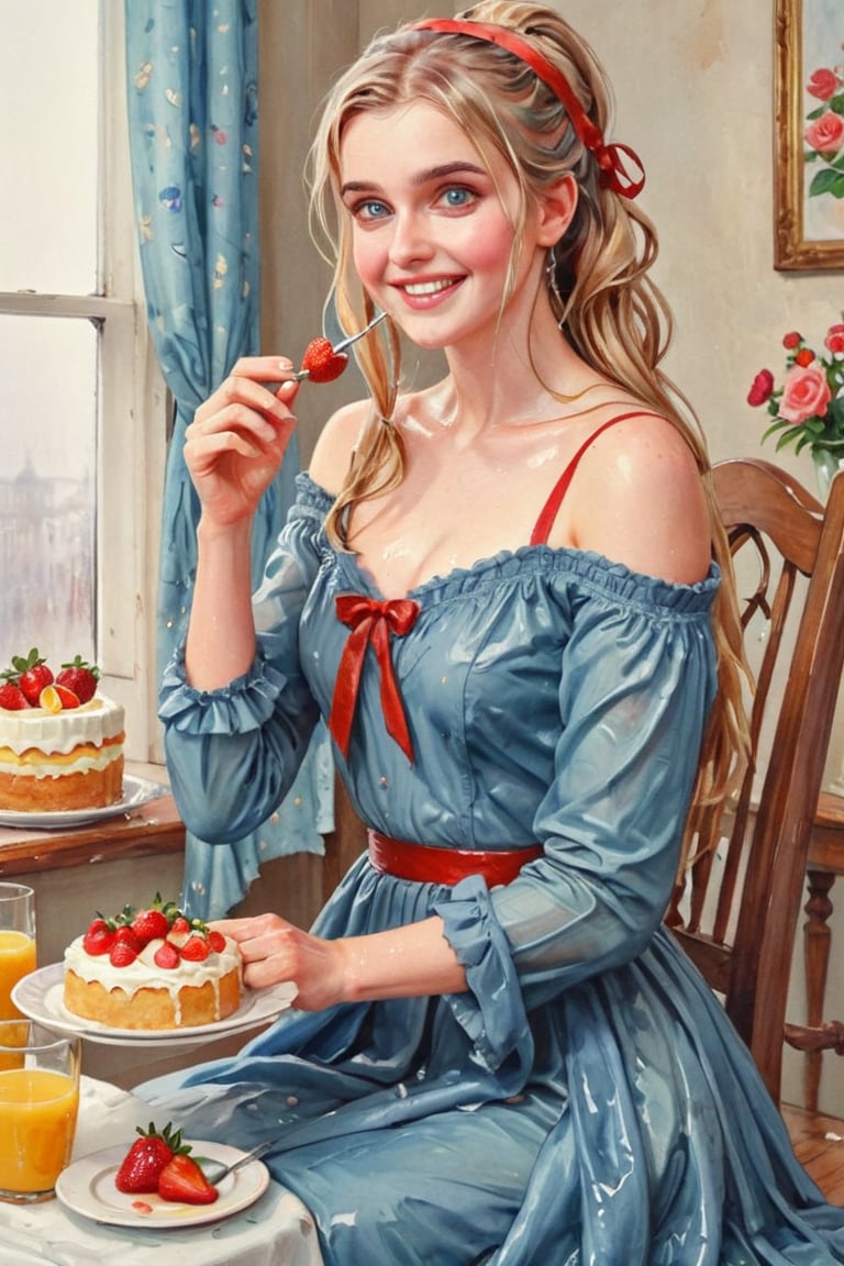 masterpiece, top quality, aesthetic, (watercolor style: 1.7), 1 woman, solo, long hair, looking at viewer, smiling, happy, open mouth, bangs, blue eyes, blonde hair, dress, long sleeves, off-shoulder dress, ribbon, holding, sitting, hair ribbon, , ponytail, :d, heart, frill, food, glass, straw, red ribbon, neck ribbon, fruit, chair, table, holding food, plate, orange juice, cake, strawberry, fork, holding fork,watercolor \(medium\),   wet hair, (), ((wet clothes, victorian ballgown, ,((heavy rain, beautiful faces, soakingwetclothes, wet clothes, wet hair, wet skin, clothes cling to skin,:1.3)),soakingwetclothes,, wet skin, wet face, wet robe,, face focused , soakingwetclothes,art_booster,indian,OnlySaree_Style,,hoopdress,Pakistani dress,saree,saree influencer,saree model