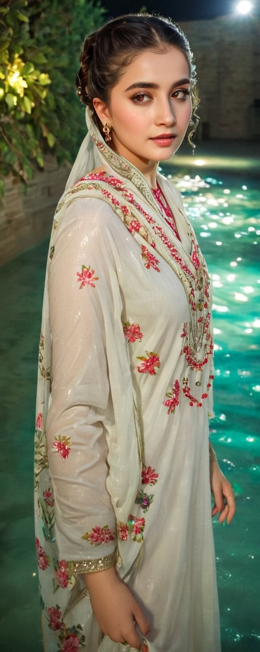 (best quality,8K,highres,masterpiece,raw image), ultra-detailed, featuring a beautiful young wet woman adorned in a realistic detailed wet long embroidery designer  dress shirts shawl that emits a soft, ethereal light. Her flowy black chignon wet hair appears to be infused with the same radiant wet glow. eye contact,kind wet smile, lipgloss, The well lit backdrop consists of glowing grapes, in water, colorful,colorful,soakingwetclothes,Pakistani dress