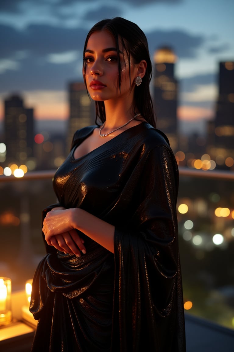 (Wet clothes, wet hair, wet skin:1.2) A sophisticated young woman with an elegant style, attending a high-end rooftop soirée. She is wearing a sleek black traditional saree, long sleeve blouse and, shawl, stiletto heels, and diamond earrings.
The setting is a luxurious rooftop with a panoramic city view, sparkling lights in the background. The camera uses a close-up shot with a 70mm lens, highlighting the elegance of her attire and the shimmering skyline. The lighting is soft and golden, with the warm glow of the sunset reflecting off
her dress. The image is in 6K resolution, capturing the refined details of her outfit and the glamour of the evening event, ek_ph0t0_b00ster
,
,,Realistic.,, ,soakingwetclothes, wet clothes, wet hair, wet,,3/4 body image ,wet cloths cling to body,Wet,covered in oil,covered in mud,wam,wetlook, Fetishwet