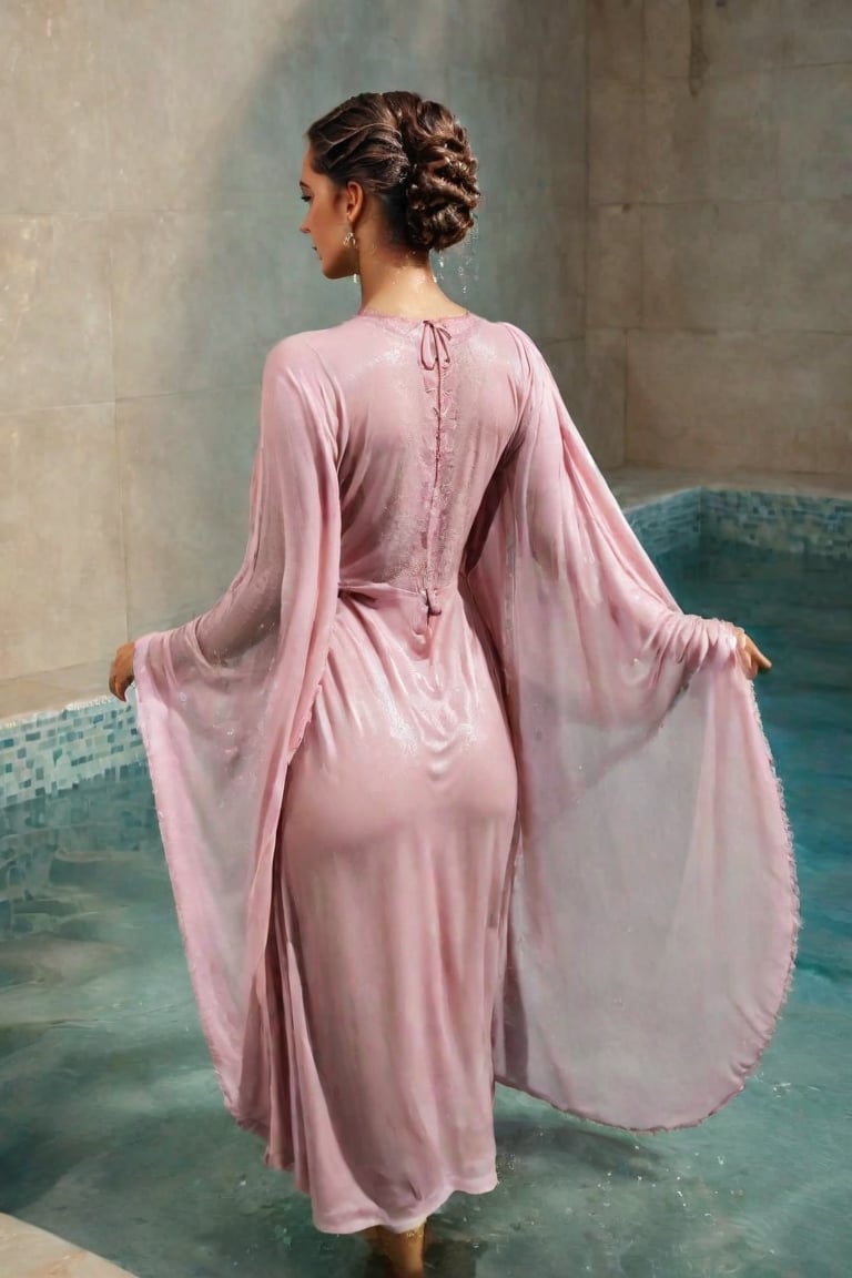 high quality, 8K Ultra HD, hyper-realistic woman, beautiful face,  flying kiss,wet full sleeve ballgown shawl, wet royal cloak,her body bathed in a soft, diffused glow that accentuates the delicate nuances of her expression. The artist captures every subtle contour of her face, the intricacies of her gaze, and the cascading strands of her hair, highly detailed, photorealistic, head to toe, background, traveling the world, full body visible, back view , side view, real-life , naturally, sweating, sweat_drops, swimming pool , wet clothes, wet clothes, wet skin, wet hair, ,soakingwetclothes,victorian dress,Pakistani dress