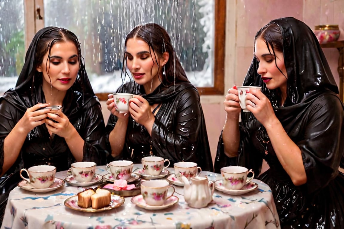 Captured in a single take with a real 50mm lens, this stunning photo showcases four women gathered for an indoor tea party amidst a torrential downpour. Donning gothic peasant dresses and winter shawls, they sit amidst the chaos, their faces aglow as they engage in conversation over steaming cups and saucers. Water-drenched hair clings to their skin as oil glistens on wet clothes, while phones lay scattered around them, forgotten in the midst of laughter and connection. Each woman's face is a masterpiece, with beautiful detailed eyes, lips, and features that seem almost three-dimensional. Long eyelashes frame their gaze, which shines softly against the serene expression, like a work of art come to life. Every fold of their clothing, every glint of jewelry, and every detail of the background seems meticulously crafted, as if plucked from a painter's canvas. (((wet clothes, wet hair, wet skin, wet, soaked, clothes cling to skin:1.2)),soakingwetclothes