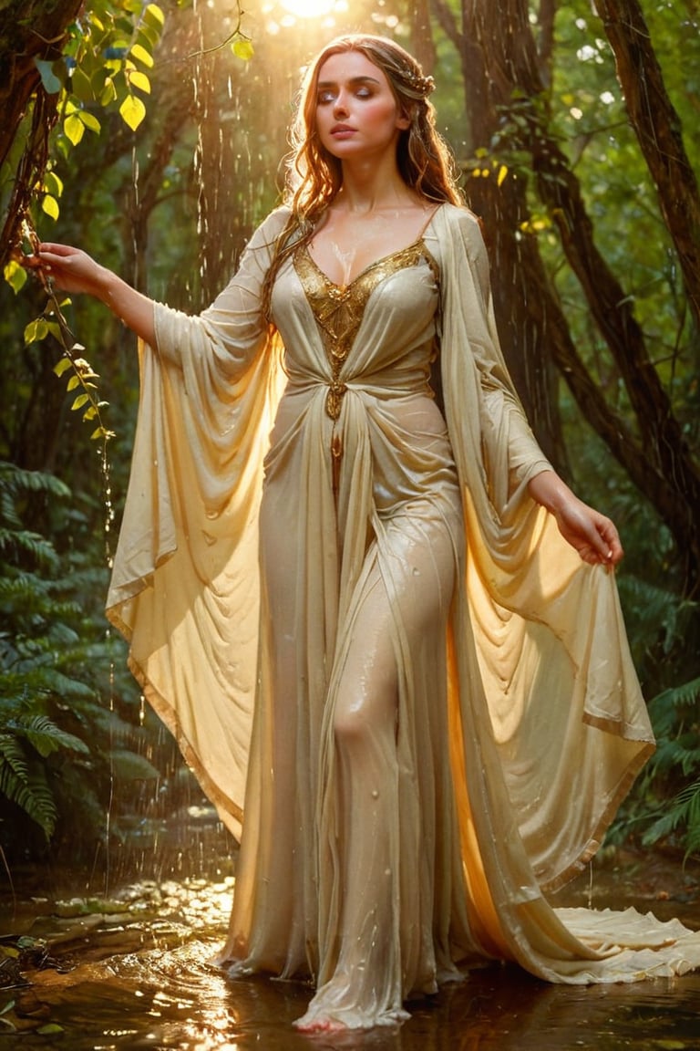In a dappled, ancient forest ruin, an Elf Princess stands tall, her staff raised high as beams of warm sunlight filter through the trees, casting a golden halo around her regal figure. Her revealing, enchanted clothing shimmers in the soft light, while lush foliage and vines surround her, creating a lush environment. The camera captures a sharp focus on the princess's face, with the rule of thirds composition placing her at the intersection of two diagonals. Shot during the golden hour, the scene exudes an ethereal mood, inviting the viewer to step into this mystical realm., ,fantasy,better_hands,leonardo,angelawhite,Enhance (), ((wet clothes, victorian ballgown, ,((heavy rain, beautiful faces, soakingwetclothes, wet clothes, wet hair, wet skin, clothes cling to skin, drapped with wet cloak:1.3)),soakingwetclothes,, wet skin, wet face, wet robe,, face focused , soakingwetclothes,art_booster,indian,OnlySaree_Style,,hoopdress,Pakistani dress,saree,saree influencer,saree model