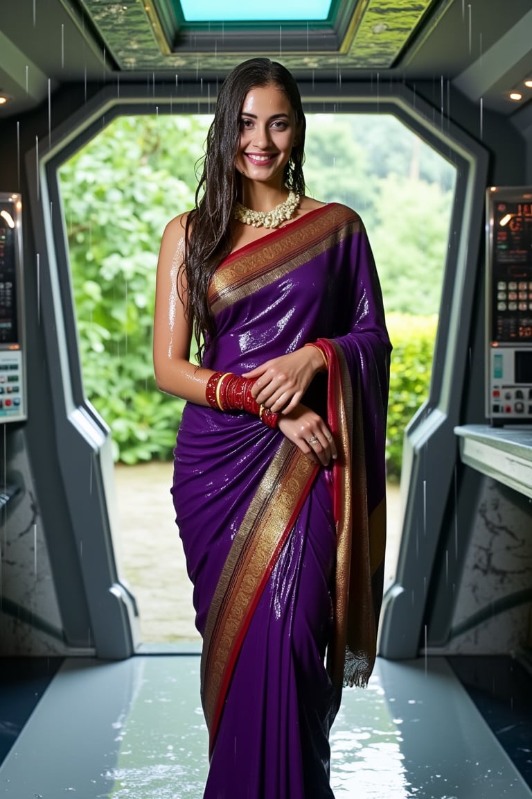 (wet clothes, wet hair, wet face, wet skin, slimed cloth, :1.4)

A smiling Norwegian woman is wearing a traditional Kanjivaram silk saree, now completely drenched by the rain. The saree is a deep violet with an ornate gold border depicting lotus motifs, and it clings to her form as she stands confidently. She has draped the saree over her left shoulder and wrapped it tightly around her right shoulder. Her accessories include red glass bangles, a gold ring, and a jasmine garland necklace. Her long, wavy black hair, wet and adorned with jasmine flowers, adds to the surreal atmosphere. The background blends a lush green garden with trees and soft natural light with the deck of a futuristic spaceship, surrounded by advanced control panels and holographic displays. Rain pours from an open hatch above, soaking her and the intricate fabric. The wet silk saree clings to her body, accentuating its fine texture, while the serene natural setting contrasts with the sleek high-tech spacecraft. Rainwater drips onto the polished floor, highlighting the harmony between tradition and modernity in this vivid, surreal scene.

. 

 Close-up shot, 4K, RAW, masterpiece, soakingwetclothes, wetlook, high definition, luxury wet fashion photography, professional news studio atmosphere.,Fetishwet,Enhanced all,Wetfetish