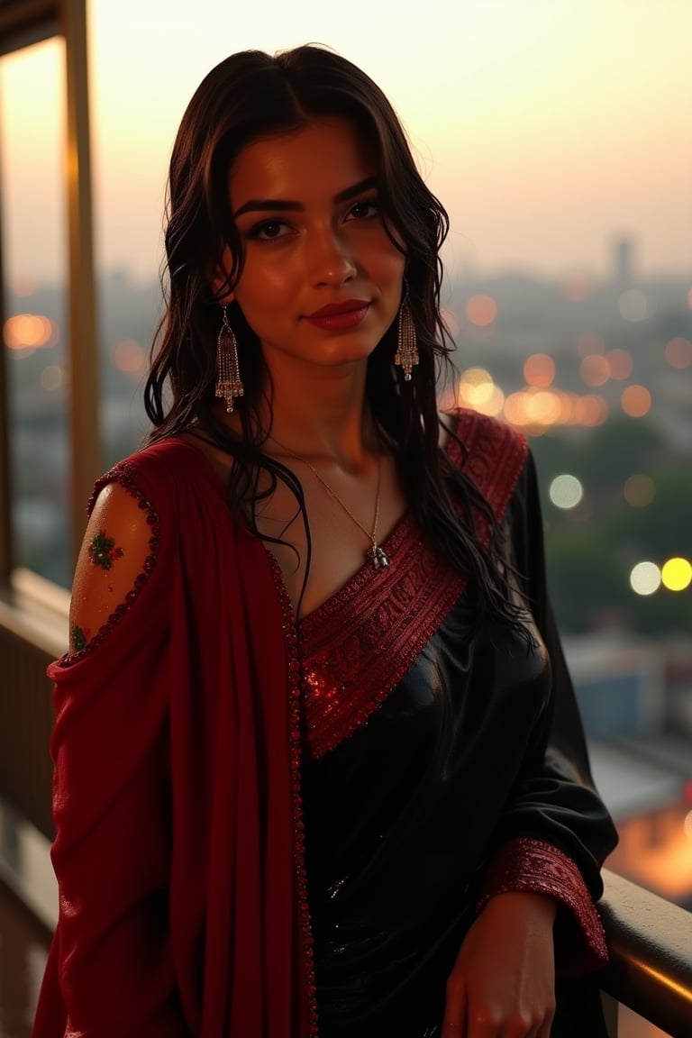 (Wet clothes, wet hair, wet skin:1.2) A sophisticated young woman with an elegant style, attending a high-end rooftop soirée. She is wearing a sleek black traditional saree with red embroidery, long sleeve embroidery blouse and, red shawl, stiletto heels, and diamond earrings.
The setting is a luxurious rooftop with a panoramic city view, sparkling lights in the background. The camera uses a close-up shot with a 70mm lens, highlighting the elegance of her attire and the shimmering skyline. The lighting is soft and golden, with the warm glow of the sunset reflecting off
her dress. The image is in 6K resolution, capturing the refined details of her outfit and the glamour of the evening event, ek_ph0t0_b00ster
,
,,Realistic.,, ,soakingwetclothes, wet clothes, wet hair, wet,,3/4 body image ,wet cloths cling to body,Wet,covered in oil,covered in mud,wam,wetlook, Fetishwet