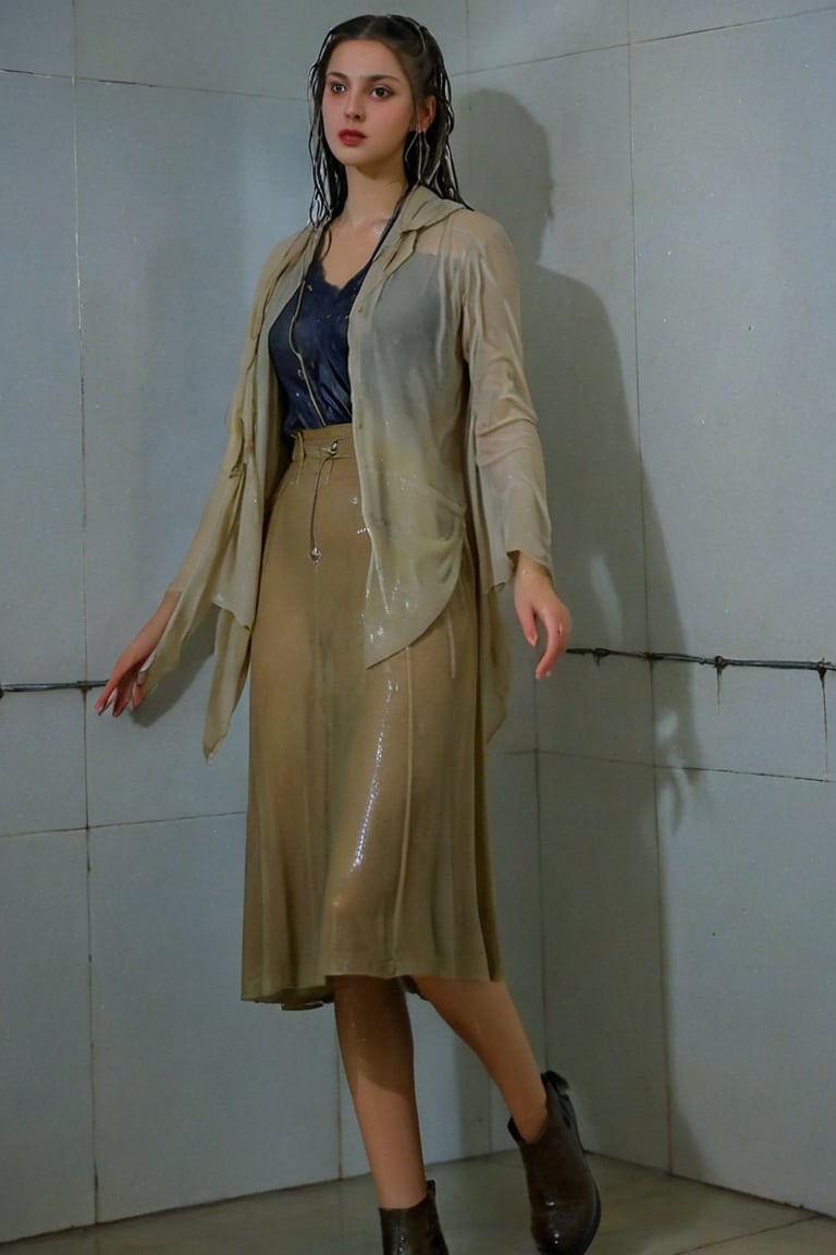 xxmixgirl, 1 woman, detailed face, detailed indoor background, standing in the room, completely wet, wet hair, dramatic lighting by Bill Sienkiewicz, 1940s tight fitting summer longskirt, wool pantyhose, furcoat, boots, wet clothes, heavy rain,tiedbreastsblue, wet clothes, wet hair, wet , ,Pakistani dress