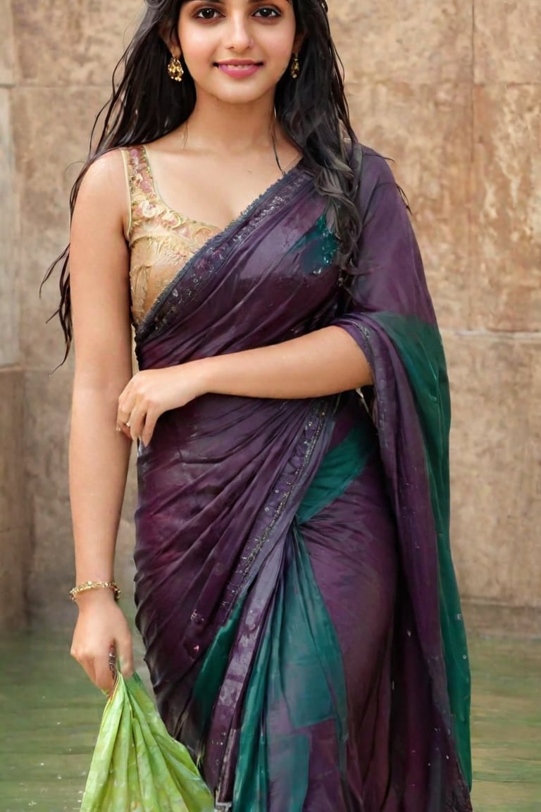 Beautiful women, face focused, a vibrant and sunny day in a city. A 19-year-old girl named Meera at the mall . She is wearing a traditional wet saree , Her long, dark, wet hair is adorned , and she has a gentle smile on her face, exuding confidence and grace., high quality, 8K Ultra HD, hyper-realistic, half body image

 wet clothes, wet clothes, wet skin, wet hair, ,soakingwetclothes,victorian dress,Pakistani dress,indian,saree
