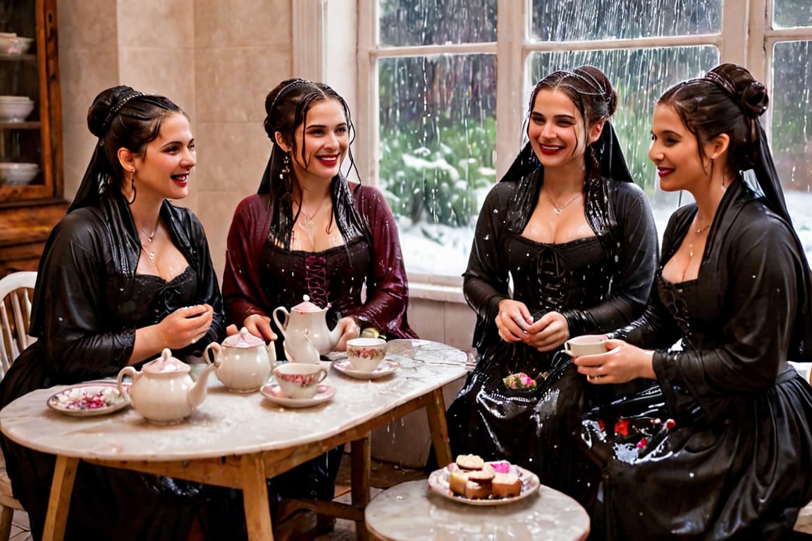 Captured in a single take with a real 50mm lens, this stunning photo showcases four women gathered for an indoor tea party amidst a torrential downpour. Donning gothic peasant dresses and winter shawls, they sit amidst the chaos, their faces aglow as they engage in conversation over steaming cups and saucers. Water-drenched hair clings to their skin as oil glistens on wet clothes, while phones lay scattered around them, forgotten in the midst of laughter and connection. Each woman's face is a masterpiece, with beautiful detailed eyes, lips, and features that seem almost three-dimensional. Long eyelashes frame their gaze, which shines softly against the serene expression, like a work of art come to life. Every fold of their clothing, every glint of jewelry, and every detail of the background seems meticulously crafted, as if plucked from a painter's canvas. (((wet clothes, wet hair, wet skin, wet, soaked, clothes cling to skin:1.2)),soakingwetclothes