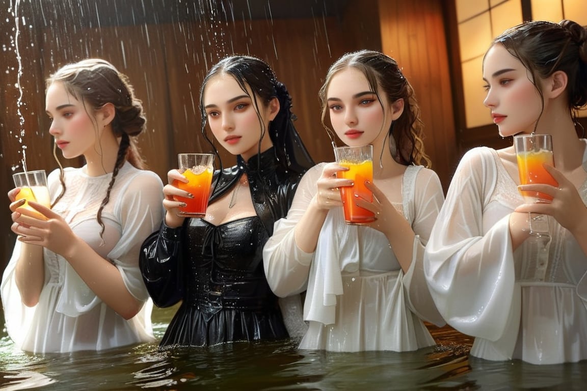 real 50 mm photo, Torrential rain, modern sitcom, indoor hall, photographs, Four women in gothic peasant dresses drapped by winter shawls in a tea party are holding drinks in the rain conversation , covered in water drenched, water oil cascading clothes hair and skin, phones, face focused, beautiful detailed eyes, beautiful detailed lips, extremely detailed face and features, long eyelashes, soft glowing skin, serene expression, detailed clothing folds, detailed jewelry, detailed background, (best quality,4k,8k,highres,masterpiece:1.2),ultra-detailed,(realistic,photorealistic,photo-realistic),vibrant colors,dramatic lighting,award winning digital art, , (((wet clothes, wet hair, wet skin, wet, soaked, clothes cling to skin:1.2)),soakingwetclothes