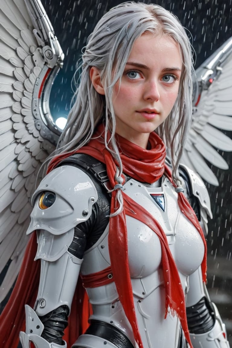 Heavy raining, An concept art of a ethereal wet gothic irish,, 50 mm lens ,,4k,ultra detailed, best quality, masterpiece, 18yo 1girl, ((Full body armor,complex multi-layered mecha armor, scale armor, many complex armor elements, ultra light tight armor, no helmet, insane detail full leg armor)) ((( huge long wings ,1black other is white:1.5)))blue hair,diagonal bangs,french braid,hime_cut,long hair,red neckerchief,canine teeth

 (Beautiful and detailed eyes),
Detailed face, detailed eyes, double eyelids, real hands, ((short hair with long locks:1.2)), ,meteor shower black background,
,,Realistic.,, ,soakingwetclothes, wet clothes, wet hair, wet,,3/4 body image ,wet cloths cling to body