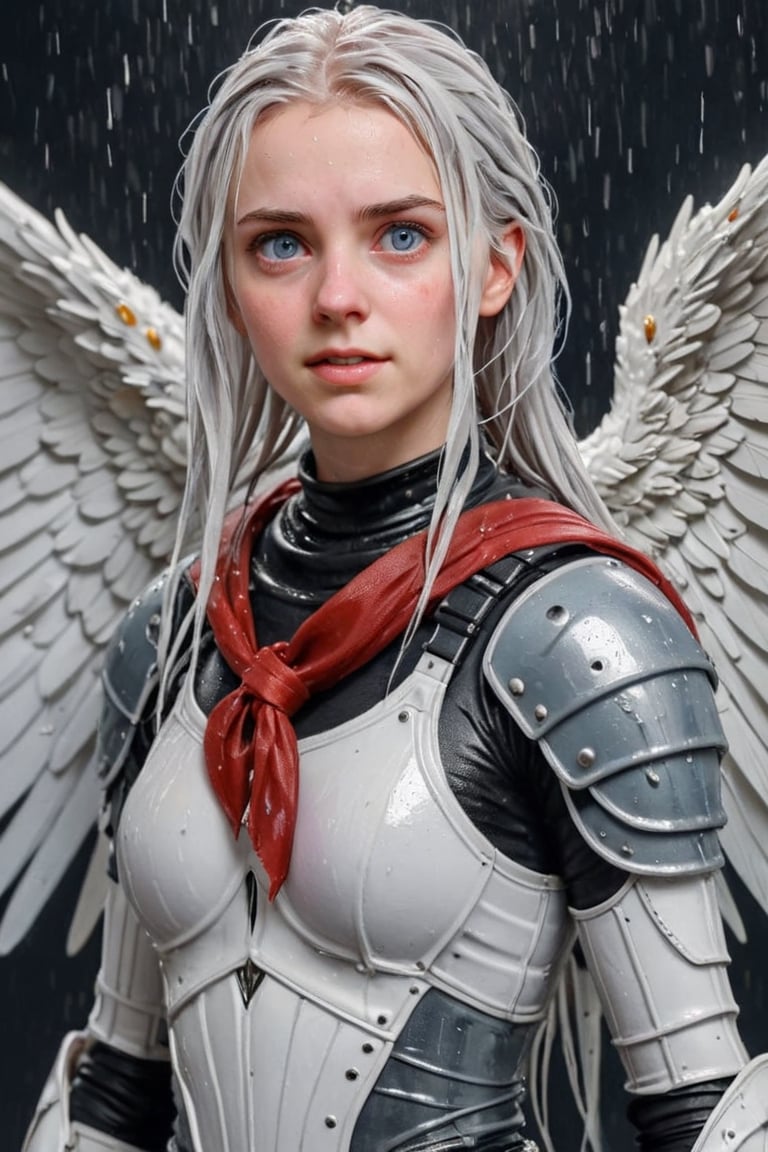 Heavy raining, An concept art of a ethereal wet gothic irish,, 50 mm lens ,,4k,ultra detailed, best quality, masterpiece, 18yo 1girl, ((Full body armor,complex multi-layered cotton armor, cotton scale armor, many complex cotton armor elements, ultra light tight armor, no helmet, insane detail full leg armor)) ((( huge long wings ,1black other is white:1.5)))blue hair,diagonal bangs,french braid,hime_cut,long hair,red neckerchief,canine teeth

 (Beautiful and detailed eyes),
Detailed face, detailed eyes, double eyelids, real hands, ((short hair with long locks:1.2)), ,meteor shower black background,
,,Realistic.,, ,soakingwetclothes, wet clothes, wet hair, wet,,3/4 body image ,wet cloths cling to body