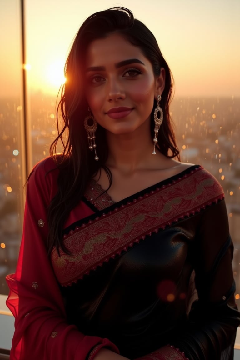 (Wet clothes, wet hair, wet skin:1.2) A sophisticated young woman with an elegant style, attending a high-end rooftop soirée. She is wearing a sleek black traditional saree with red embroidery, long sleeve embroidery blouse and, red shawl, stiletto heels, and diamond earrings.
The setting is a luxurious rooftop with a panoramic city view, sparkling lights in the background. The camera uses a close-up shot with a 70mm lens, highlighting the elegance of her attire and the shimmering skyline. The lighting is soft and golden, with the warm glow of the sunset reflecting off
her dress. The image is in 6K resolution, capturing the refined details of her outfit and the glamour of the evening event, ek_ph0t0_b00ster
,
,,Realistic.,, ,soakingwetclothes, wet clothes, wet hair, wet,,3/4 body image ,wet cloths cling to body,Wet,covered in oil,covered in mud,wam,wetlook, Fetishwet