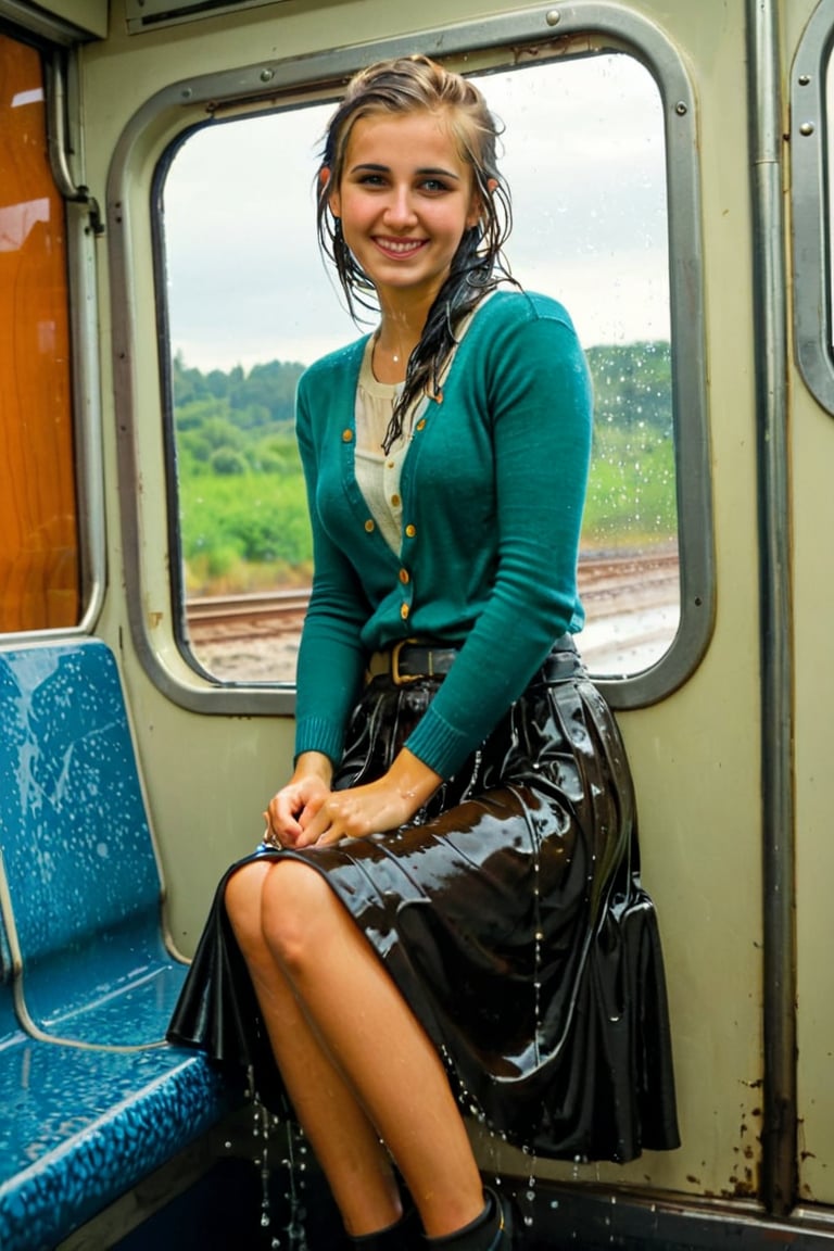 A emo girl, beautiful face, wet face, sitting in the train and a window behind her, rushhour public, completly soaked wet, wool wool cardigan, belt, wet longskirt, wet full length skirt, wet hair, smile, wet skin, soakingwetclothes, wet clothes, wet, soaked