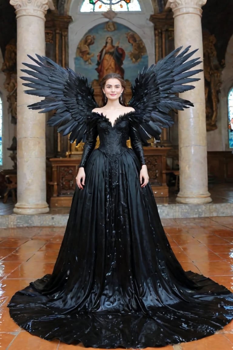 A girl wearing a long black wedding dress, church, baroque style, detailed feathers, huge wings, full body, big scene, super realistic,soakingwetclothes, wet clothes, wet hair, wet skin, wet, soaked.
