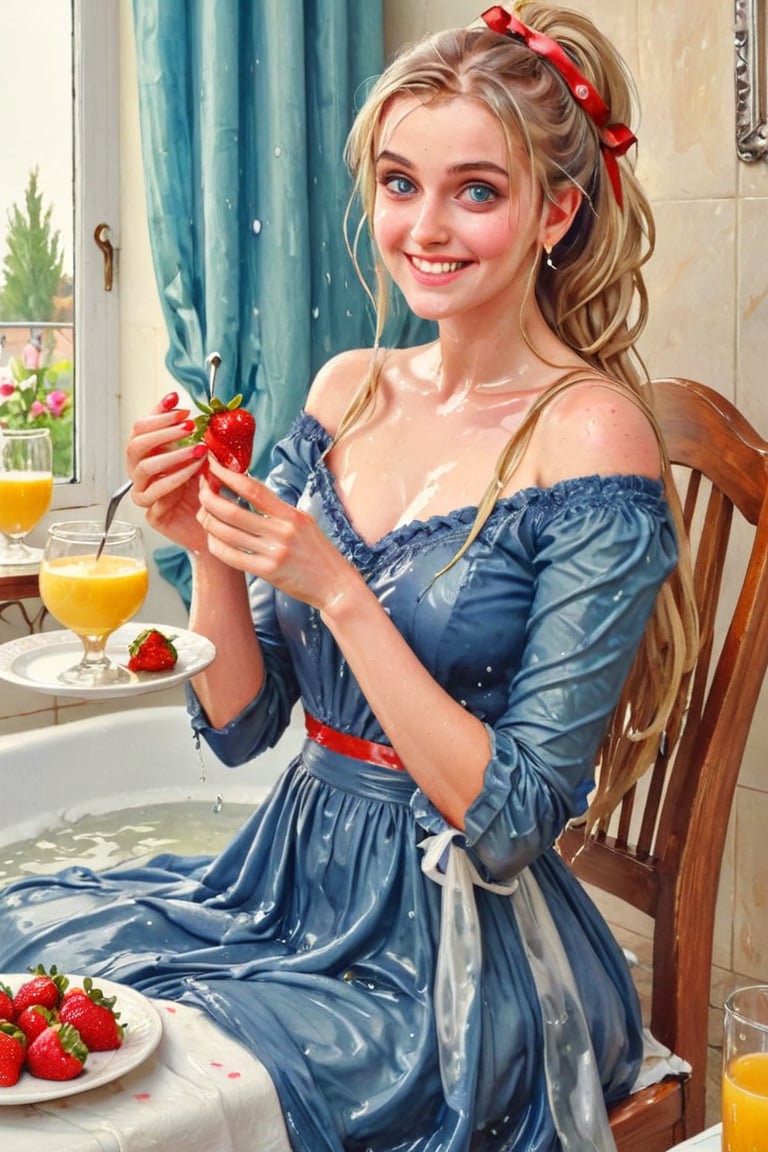 masterpiece, top quality, aesthetic, (watercolor style: 1.7), 1 woman, solo, long hair, looking at viewer, smiling, happy, open mouth, bangs, blue eyes, blonde hair, dress, long sleeves, off-shoulder dress, ribbon, holding, sitting, hair ribbon, , ponytail, :d, heart, frill, food, glass, straw, red ribbon, neck ribbon, fruit, chair, table, holding food, plate, orange juice, cake, strawberry, fork, holding fork,watercolor \(medium\),   wet hair, (bathing in royal bathroom), ((wet clothes, victorian ballgown, ,((heavy rain, beautiful faces, soakingwetclothes, wet clothes, wet hair, wet skin, clothes cling to skin, submerged in tub:1.3)),soakingwetclothes,, wet skin, wet face, wet robe,, face focused , soakingwetclothes,art_booster,indian,OnlySaree_Style,,hoopdress,Pakistani dress,saree,saree influencer,saree model