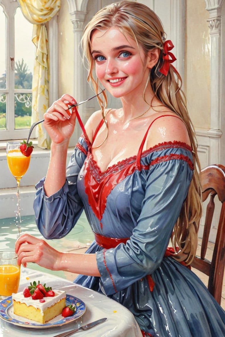 masterpiece, top quality, aesthetic, (watercolor style: 1.7), 1 woman, solo, long hair, looking at viewer, smiling, happy, open mouth, bangs, blue eyes, blonde hair, dress, long sleeves, off-shoulder dress, ribbon, holding, sitting, hair ribbon, , ponytail, :d, heart, frill, food, glass, straw, red ribbon, neck ribbon, fruit, chair, table, holding food, plate, orange juice, cake, strawberry, fork, holding fork,watercolor \(medium\),   wet hair, (bathing in royal bathroom), ((wet clothes, victorian ballgown, ,((heavy rain, beautiful faces, soakingwetclothes, wet clothes, wet hair, wet skin, clothes cling to skin,:1.3)),soakingwetclothes,, wet skin, wet face, wet robe,, face focused , soakingwetclothes,art_booster,indian,OnlySaree_Style,,hoopdress,Pakistani dress,saree,saree influencer,saree model