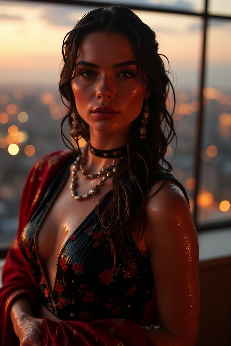 (Wet clothes, wet hair, wet skin:1.2) A sophisticated young woman with an elegant style, attending a high-end rooftop soirée. She is wearing a sleek black traditional saree with red embroidery, long sleeve embroidery blouse and, red shawl, stiletto heels, and diamond earrings.
The setting is a luxurious rooftop with a panoramic city view, sparkling lights in the background. The camera uses a close-up shot with a 70mm lens, highlighting the elegance of her attire and the shimmering skyline. The lighting is soft and golden, with the warm glow of the sunset reflecting off
her dress. The image is in 6K resolution, capturing the refined details of her outfit and the glamour of the evening event, ek_ph0t0_b00ster
,
,,Realistic.,, ,soakingwetclothes, wet clothes, wet hair, wet,,3/4 body image ,wet cloths cling to body,Wet,covered in oil,covered in mud,wam,wetlook, Fetishwet