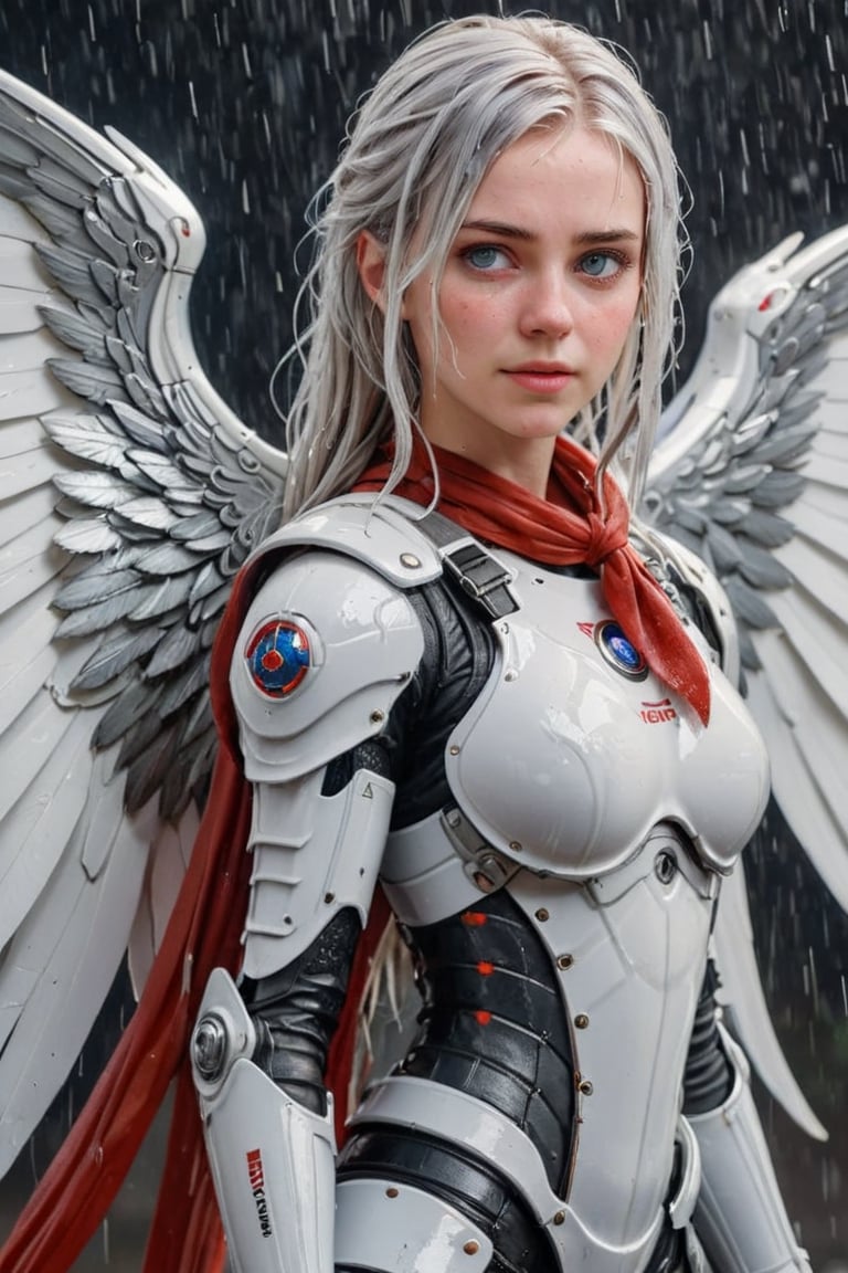 Heavy raining, An concept art of a ethereal wet gothic irish,, 50 mm lens ,,4k,ultra detailed, best quality, masterpiece, 18yo 1girl, ((Full body armor,complex multi-layered mecha armor, scale armor, many complex armor elements, ultra light tight armor, no helmet, insane detail full leg armor)) ((( huge long wings ,1black other is white:1.5)))blue hair,diagonal bangs,french braid,hime_cut,long hair,red neckerchief,canine teeth

 (Beautiful and detailed eyes),
Detailed face, detailed eyes, double eyelids, real hands, ((short hair with long locks:1.2)), ,meteor shower black background,
,,Realistic.,, ,soakingwetclothes, wet clothes, wet hair, wet,,3/4 body image ,wet cloths cling to body