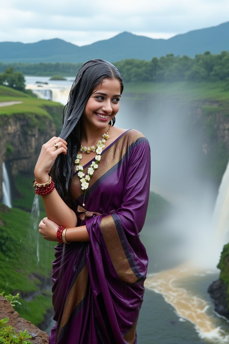 (wet clothes, wet hair, wet face, wet skin, slimed cloth, :1.4)

A smiling Norwegian woman is wearing a traditional Kanjivaram silk saree, completely drenched by the rain, as she stands at the edge of a majestic cliff, overlooking a roaring waterfall. The saree is a deep violet with an ornate gold border featuring lotus motifs. She has draped the saree over her left shoulder and wrapped it tightly around her right shoulder, holding it firmly as the wind sweeps through. Her accessories include red glass bangles, a gold ring, and a jasmine garland necklace, with her long, wet black hair adorned with jasmine flowers, blowing gently in the breeze. Behind her, the powerful waterfall cascades down into a misty valley, surrounded by lush greenery and towering mountains. Rain pours down continuously, soaking both her and the landscape, with the wet saree clinging to her form and accentuating its rich, intricate designs. The dramatic lighting enhances the natural beauty of the scene, while the roar of the waterfall and the misty air create a sense of awe and serenity..

. 

 Close-up shot, 4K, RAW, masterpiece, soakingwetclothes, wetlook, high definition, luxury wet fashion photography, professional news studio atmosphere.,Fetishwet,Enhanced all,Wetfetish