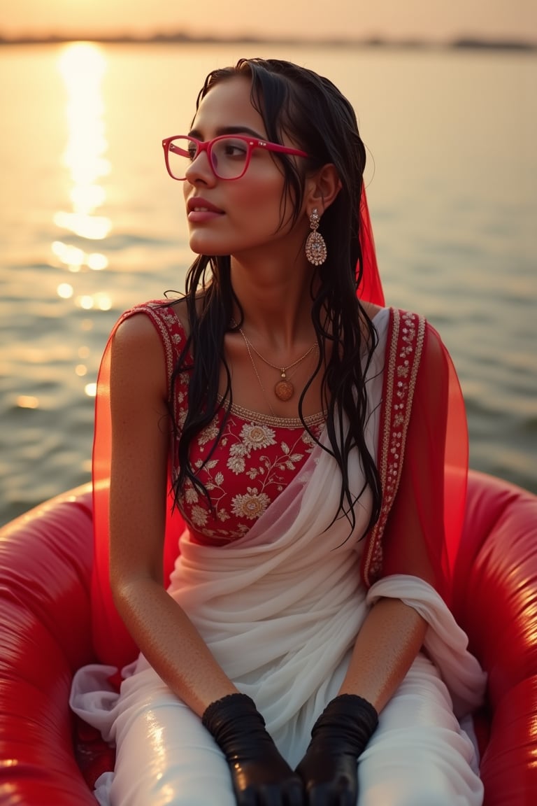 (Wet clothes, wet hair, wet skin:1.2) Capture an enchanting image of a soaking wet cute girl seated gracefully on an oversized, plush cushion. Her outfit is quintessential sleek white traditional saree with red embroidery, long sleeve embroidery blouse and, red shawl, stiletto heels, and diamond earrings. . She wears pink-rimmed glasses that add a touch of whimsy to her look. Her ensemble includes wet hair paired with delicate black lace wet gloves, and she completes the look with stylish.

. The camera uses a close-up shot with a 70mm lens, highlighting the elegance of her attire and the shimmering skyline. The lighting is soft and golden, with the warm glow of the sunset reflecting off
her dress. The image is in 6K resolution, capturing the refined details of her outfit and the glamour of the evening event, ek_ph0t0_b00ster
,
,,Realistic.,, ,soakingwetclothes, wet clothes, wet hair, wet,,3/4 body image ,wet cloths cling to body,Wet,covered in oil,covered in mud,wam,wetlook, Fetishwet