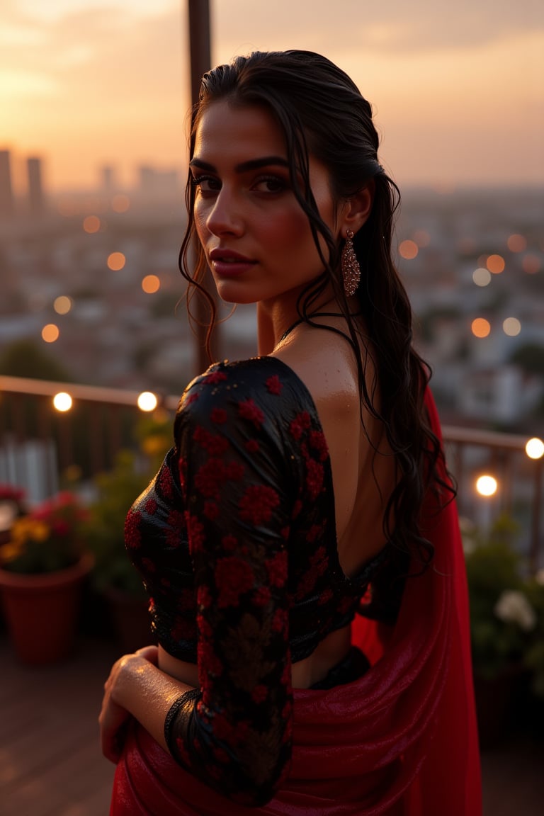 (Wet clothes, wet hair, wet skin:1.2) A sophisticated young woman with an elegant style, attending a high-end rooftop soirée. She is wearing a sleek black traditional saree with red embroidery, long sleeve embroidery blouse and, red shawl, stiletto heels, and diamond earrings.
The setting is a luxurious rooftop with a panoramic city view, sparkling lights in the background. The camera uses a close-up shot with a 70mm lens, highlighting the elegance of her attire and the shimmering skyline. The lighting is soft and golden, with the warm glow of the sunset reflecting off
her dress. The image is in 6K resolution, capturing the refined details of her outfit and the glamour of the evening event, ek_ph0t0_b00ster
,
,,Realistic.,, ,soakingwetclothes, wet clothes, wet hair, wet,,3/4 body image ,wet cloths cling to body,Wet,covered in oil,covered in mud,wam,wetlook, Fetishwet