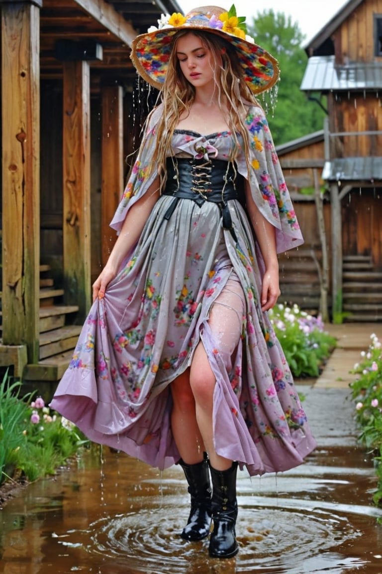 An concept art of an ethereal wet irish alchemist , portrait of a beautiful woman. .A wet girl wearing a wet floral dress, a flowered hat, long wet mediaval cape. Capturing the essence of Manet's 'Spring', dripping wet hair, ,Masterpiece,Half-timbered Construction,, wet skin, wet face, wet heavy longskirt, boots,  .
(masterpiece, top quality, best quality, official art, beautiful and aesthetic:1.2), extreme detailed, highest detailed, ,Masterpiece,Color Booster,wet hair, wet heavy longskirt, boots, wet robe, layered longskirt, face focused
,soakingwetclothes,art_booster,wagasa,oil-paper,score_9,oil paint 