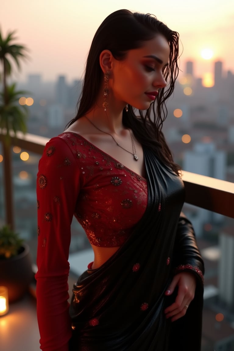 (Wet clothes, wet hair, wet skin:1.2) A sophisticated young woman with an elegant style, attending a high-end rooftop soirée. She is wearing a sleek black traditional saree with red embroidery, long sleeve embroidery blouse and, red shawl, stiletto heels, and diamond earrings.
The setting is a luxurious rooftop with a panoramic city view, sparkling lights in the background. The camera uses a close-up shot with a 70mm lens, highlighting the elegance of her attire and the shimmering skyline. The lighting is soft and golden, with the warm glow of the sunset reflecting off
her dress. The image is in 6K resolution, capturing the refined details of her outfit and the glamour of the evening event, ek_ph0t0_b00ster
,
,,Realistic.,, ,soakingwetclothes, wet clothes, wet hair, wet,,3/4 body image ,wet cloths cling to body,Wet,covered in oil,covered in mud,wam,wetlook, Fetishwet