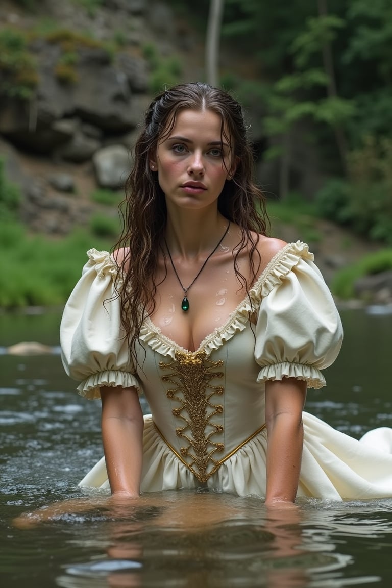 A photo of a 38-year-old medieval Russian princess soaking wet in a river. She has a sensual look on her face while shampooing her hair. She is wearing a princess ballgown with puffed sleeves, covered with a wet royal shawl. The background reveals lush greenery and a rocky terrain.