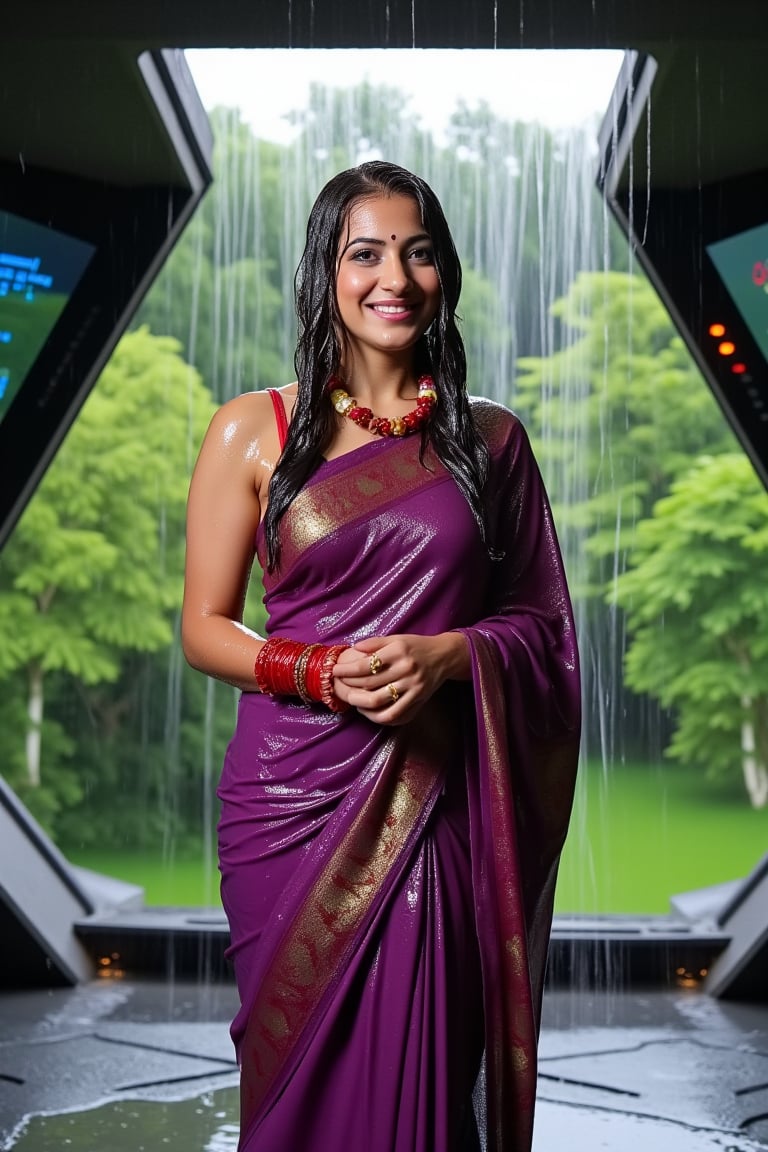 (wet clothes, wet hair, wet face, wet skin, slimed cloth, :1.4)

A smiling Norwegian woman is wearing a traditional Kanjivaram silk saree, now completely drenched by the rain. The saree is a deep violet with an ornate gold border depicting lotus motifs, and it clings to her form as she stands confidently. She has draped the saree over her left shoulder and wrapped it tightly around her right shoulder. Her accessories include red glass bangles, a gold ring, and a jasmine garland necklace. Her long, wavy black hair, wet and adorned with jasmine flowers, adds to the surreal atmosphere. The background blends a lush green garden with trees and soft natural light with the deck of a futuristic spaceship, surrounded by advanced control panels and holographic displays. Rain pours from an open hatch above, soaking her and the intricate fabric. The wet silk saree clings to her body, accentuating its fine texture, while the serene natural setting contrasts with the sleek high-tech spacecraft. Rainwater drips onto the polished floor, highlighting the harmony between tradition and modernity in this vivid, surreal scene.

. 

 Close-up shot, 4K, RAW, masterpiece, soakingwetclothes, wetlook, high definition, luxury wet fashion photography, professional news studio atmosphere.,Fetishwet,Enhanced all,Wetfetish