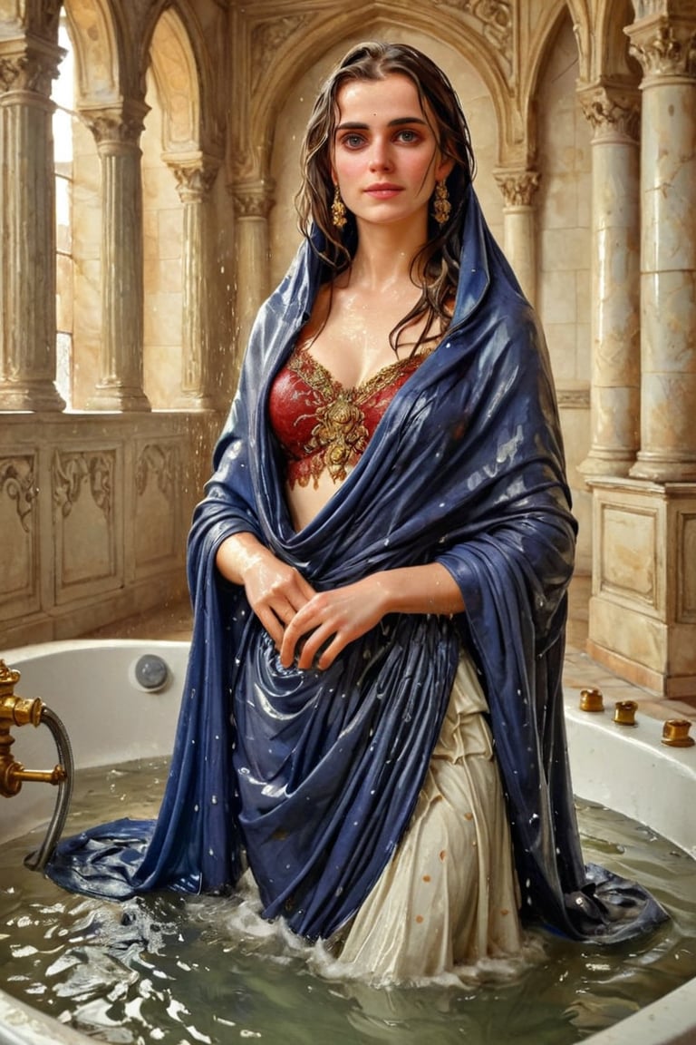 masterpiece, best quality, ultra high resolution, visually stunning, beautiful, award-winning art (abstract art: 1.3), beautiful )))A FULL-LENGTH very detalied full leghn , A anime a very beutifful female medieval warhammer style noble smile,, Watercolor, trending on artstation, sharp focus, Indoor photo, white tiles background, intricate details, highly detailed, by greg rutkowski ,more detail XL, shawl,   wet hair, (bathing in royal bathroom), ((wet clothes, victorian ballgown, ,((heavy rain, beautiful faces, soakingwetclothes, wet clothes, wet hair, wet skin, clothes cling to skin, submerged in tub:1.3)),soakingwetclothes,, wet skin, wet face, wet robe,, face focused , soakingwetclothes,art_booster,indian,OnlySaree_Style,,hoopdress,Pakistani dress,saree,saree influencer,saree model