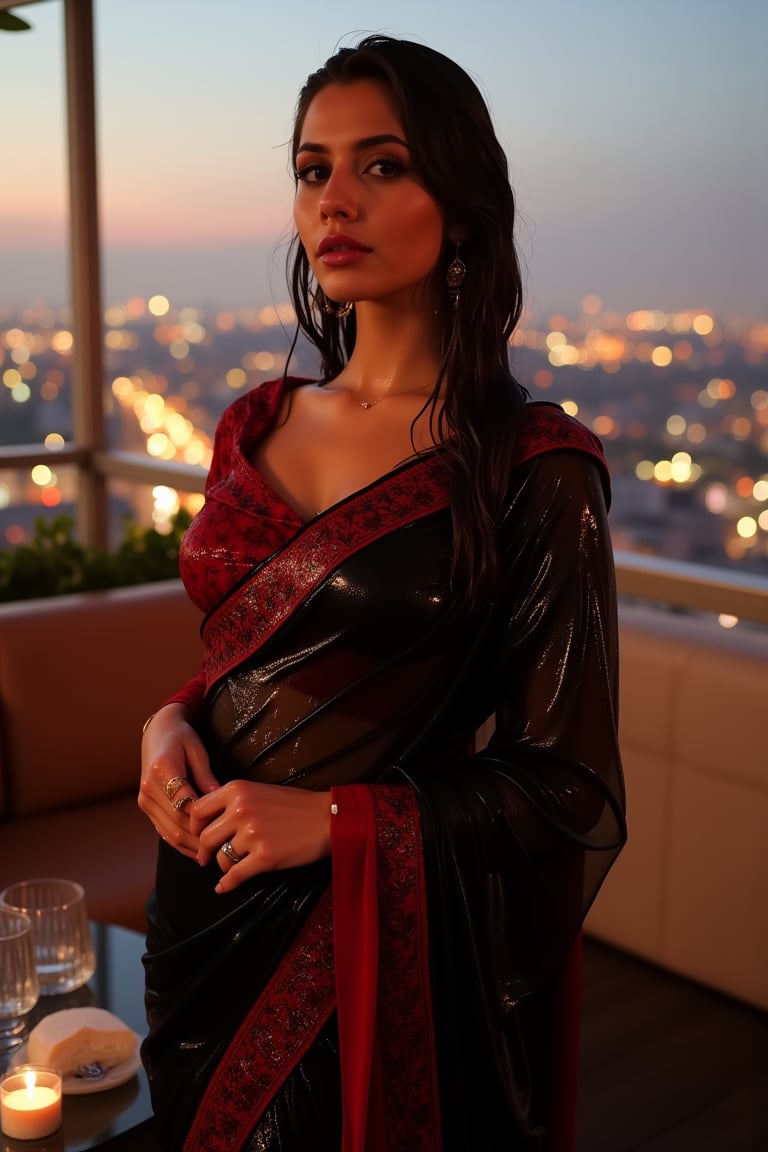 (Wet clothes, wet hair, wet skin:1.2) A sophisticated young woman with an elegant style, attending a high-end rooftop soirée. She is wearing a sleek black traditional saree with red embroidery, long sleeve embroidery blouse and, red shawl, stiletto heels, and diamond earrings.
The setting is a luxurious rooftop with a panoramic city view, sparkling lights in the background. The camera uses a close-up shot with a 70mm lens, highlighting the elegance of her attire and the shimmering skyline. The lighting is soft and golden, with the warm glow of the sunset reflecting off
her dress. The image is in 6K resolution, capturing the refined details of her outfit and the glamour of the evening event, ek_ph0t0_b00ster
,
,,Realistic.,, ,soakingwetclothes, wet clothes, wet hair, wet,,3/4 body image ,wet cloths cling to body,Wet,covered in oil,covered in mud,wam,wetlook, Fetishwet