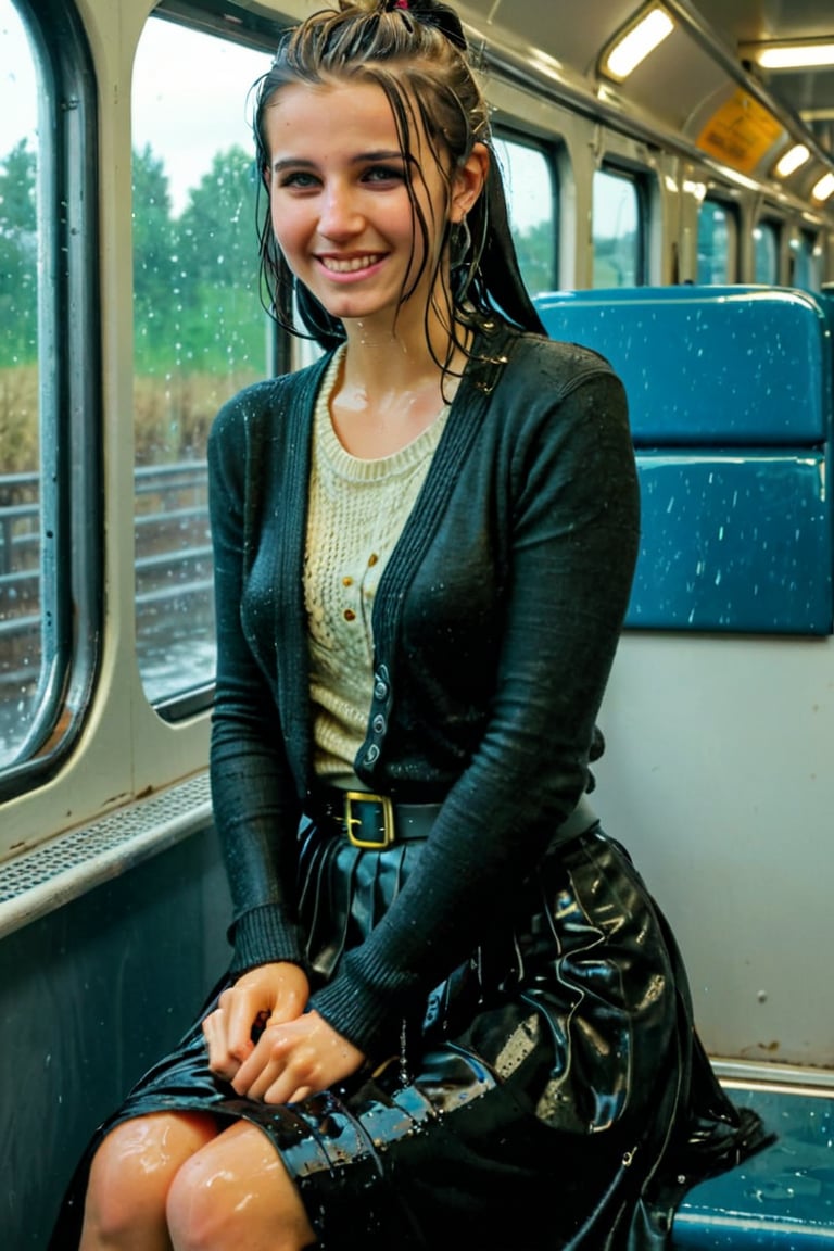 A emo girl, beautiful face, wet face, sitting in the train and a window behind her, rushhour public, completly soaked wet, wool wool cardigan, belt, wet longskirt, wet full length skirt, wet hair, smile, wet skin, soakingwetclothes, wet clothes, wet, soaked