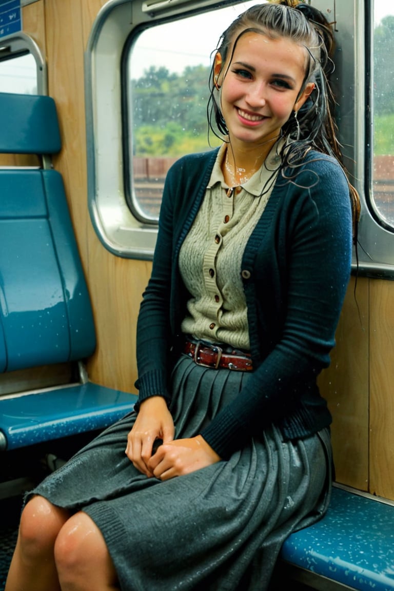 A emo girl, beautiful face, wet face, sitting in the train with spred legs and a window behind her, rushhour public, completly soaked wet, wool wool cardigan, belt, longskirt,, wet hair, smile, wet skin, soakingwetclothes, wet clothes, wet, soaked