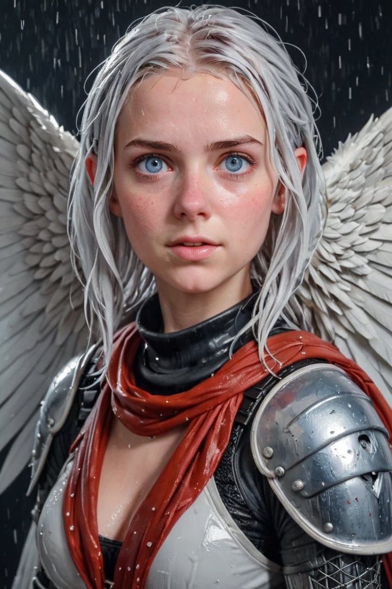 Heavy raining, An concept art of a ethereal wet gothic irish,, 50 mm lens ,,4k,ultra detailed, best quality, masterpiece, 18yo 1girl, ((Full body armor,complex multi-layered cotton armor, cotton scale armor, many complex cotton armor elements, ultra light tight armor, no helmet, insane detail full leg armor)) ((( huge long wings ,1black other is white:1.5)))blue hair,diagonal bangs,french braid,hime_cut,long hair,red neckerchief,canine teeth

 (Beautiful and detailed eyes),
Detailed face, detailed eyes, double eyelids, real hands, ((short hair with long locks:1.2)), ,meteor shower black background,
,,Realistic.,, ,soakingwetclothes, wet clothes, wet hair, wet,,3/4 body image ,wet cloths cling to body