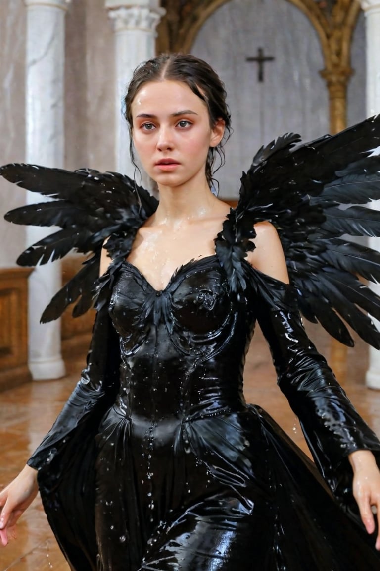 A girl wearing a long black wedding dress, church, baroque style, detailed feathers, huge wings, big scene, super realistic, soakingwetclothes, wet clothes, wet hair, wet skin, wet, soaked , wet face.face focused