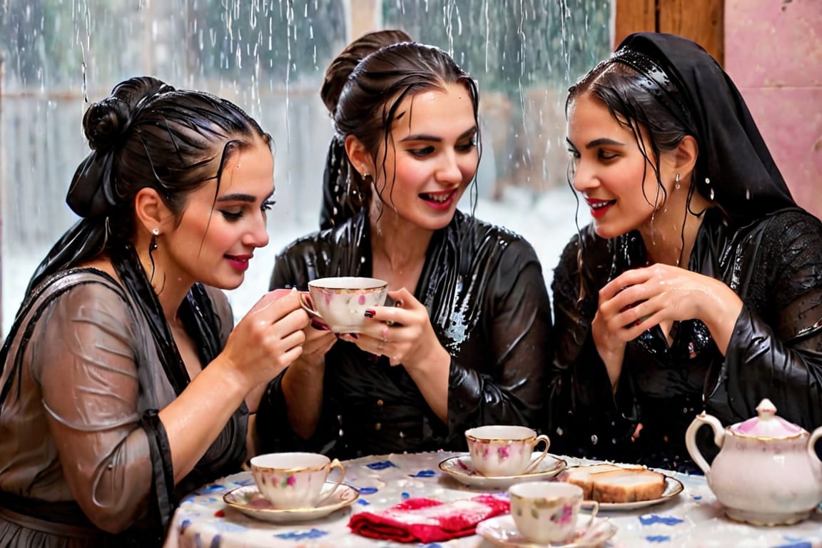 Captured in a single take with a real 50mm lens, this stunning photo showcases four women gathered for an indoor tea party amidst a torrential downpour. Donning gothic peasant dresses and winter shawls, they sit amidst the chaos, their faces aglow as they engage in conversation over steaming cups and saucers. Water-drenched hair clings to their skin as oil glistens on wet clothes, while phones lay scattered around them, forgotten in the midst of laughter and connection. Each woman's face is a masterpiece, with beautiful detailed eyes, lips, and features that seem almost three-dimensional. Long eyelashes frame their gaze, which shines softly against the serene expression, like a work of art come to life. Every fold of their clothing, every glint of jewelry, and every detail of the background seems meticulously crafted, as if plucked from a painter's canvas. (((wet clothes, wet hair, wet skin, wet, soaked, clothes cling to skin:1.2)),soakingwetclothes