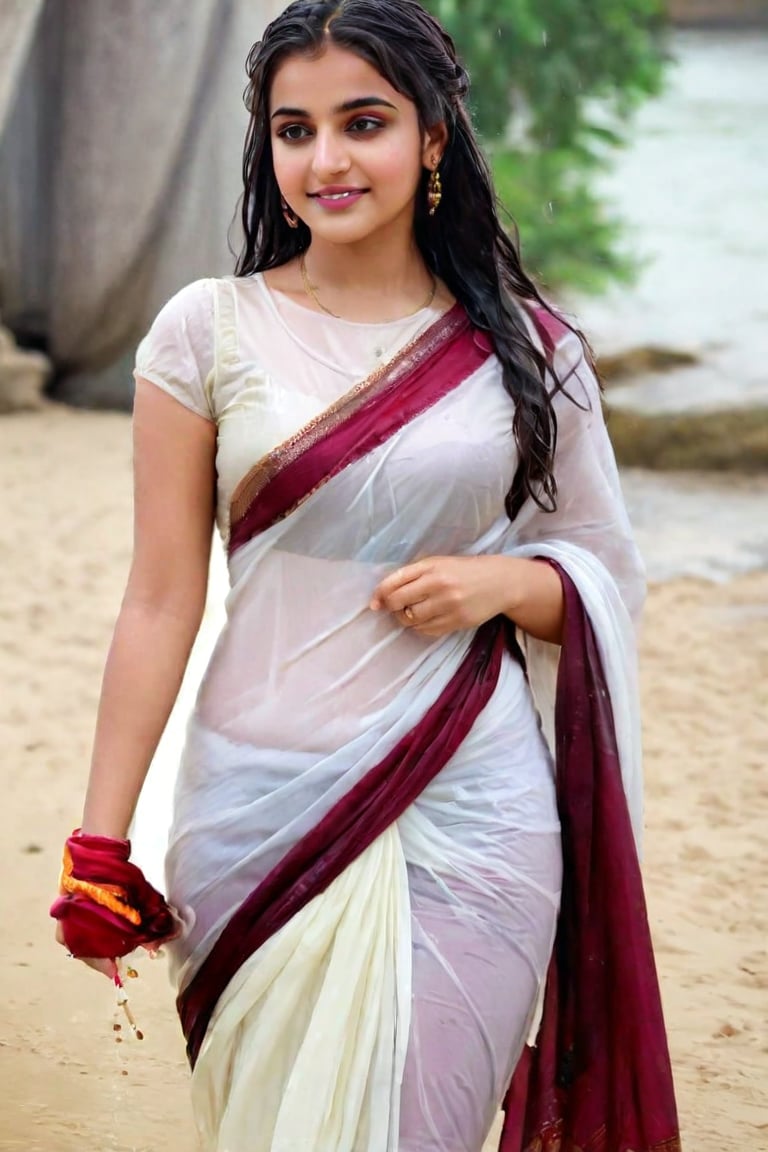 Beautiful women, face focused, a vibrant and sunny day in a city. A 19-year-old girl named Meera at the mall . She is wearing a traditional wet saree , Her long, dark, wet hair is adorned , and she has a gentle smile on her face, exuding confidence and grace., high quality, 8K Ultra HD, hyper-realistic, half body image

 wet clothes, wet clothes, wet skin, wet hair, ,soakingwetclothes,victorian dress,Pakistani dress,indian,saree