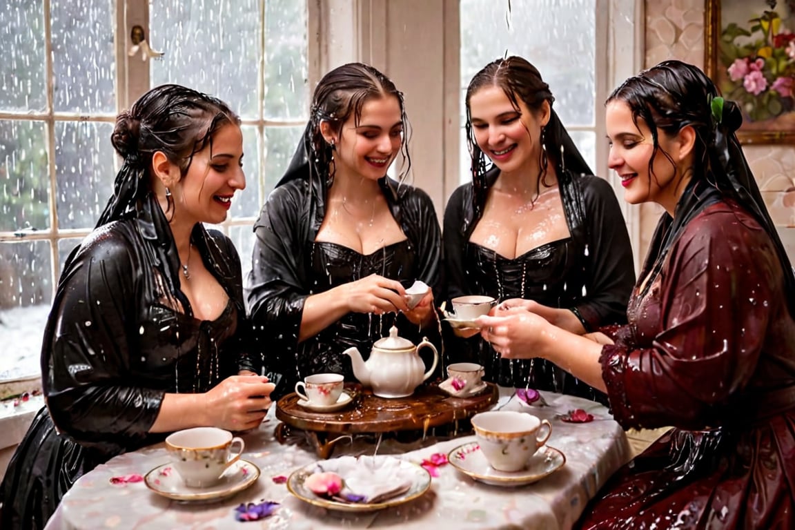 Captured in a single take with a real 50mm lens, this stunning photo showcases four women gathered for an indoor tea party amidst a torrential downpour. Donning gothic peasant dresses and winter shawls, they sit amidst the chaos, their faces aglow as they engage in conversation over steaming cups and saucers. Water-drenched hair clings to their skin as oil glistens on wet clothes, while phones lay scattered around them, forgotten in the midst of laughter and connection. Each woman's face is a masterpiece, with beautiful detailed eyes, lips, and features that seem almost three-dimensional. Long eyelashes frame their gaze, which shines softly against the serene expression, like a work of art come to life. Every fold of their clothing, every glint of jewelry, and every detail of the background seems meticulously crafted, as if plucked from a painter's canvas. (((wet clothes, wet hair, wet skin, wet, soaked, clothes cling to skin:1.2)),soakingwetclothes