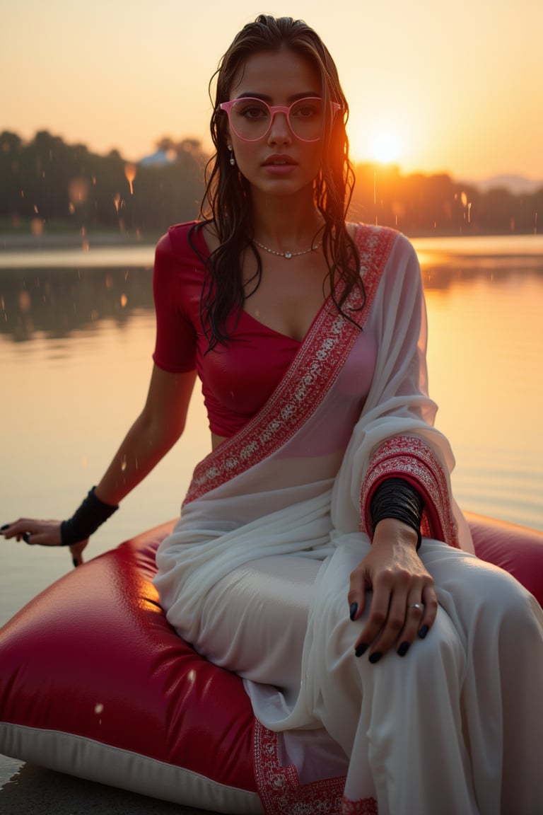 (Wet clothes, wet hair, wet skin:1.2) Capture an enchanting image of a soaking wet cute girl seated gracefully on an oversized, plush cushion. Her outfit is quintessential wet sleek white traditional saree with red embroidery, wet long sleeve embroidery blouse and, wet red embroidery shawl, stiletto heels, and diamond earrings. . She wears pink-rimmed glasses that add a touch of whimsy to her look. Her ensemble includes wet hair paired with delicate black lace wet gloves, and she completes the look with stylish.

. The camera uses a close-up shot with a 70mm lens, highlighting the elegance of her attire and the shimmering skyline. The lighting is soft and golden, with the warm glow of the sunset reflecting off
her dress. The image is in 6K resolution, capturing the refined details of her outfit and the glamour of the evening event, ek_ph0t0_b00ster
,
,,Realistic.,, ,soakingwetclothes, wet clothes, wet hair, wet,,3/4 body image ,wet cloths cling to body,Wet,covered in oil,covered in mud,wam,wetlook, Fetishwet