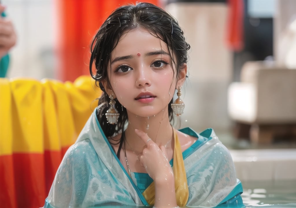 wet hair,SoakingWetClothes,  ((wet clothes, wet hair, bathing in water, face focused, skin pores, saree, wet saree, blouse))

,wet hair,SoakingWetClothes,Detailedface