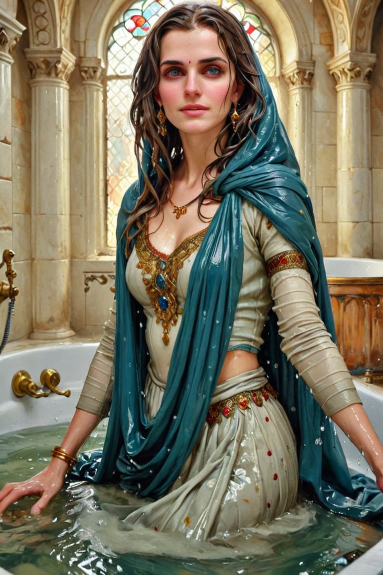 masterpiece, best quality, ultra high resolution, visually stunning, beautiful, award-winning art (abstract art: 1.3), beautiful )))A FULL-LENGTH very detalied full leghn , A anime a very beutifful female medieval warhammer style noble smile,, Watercolor, trending on artstation, sharp focus, Indoor photo, white tiles background, intricate details, highly detailed, by greg rutkowski ,more detail XL, shawl,   wet hair, (bathing in royal bathroom), ((wet clothes, victorian ballgown, ,((heavy rain, beautiful faces, soakingwetclothes, wet clothes, wet hair, wet skin, clothes cling to skin, submerged in tub:1.3)),soakingwetclothes,, wet skin, wet face, wet robe,, face focused , soakingwetclothes,art_booster,indian,OnlySaree_Style,,hoopdress,Pakistani dress,saree,saree influencer,saree model