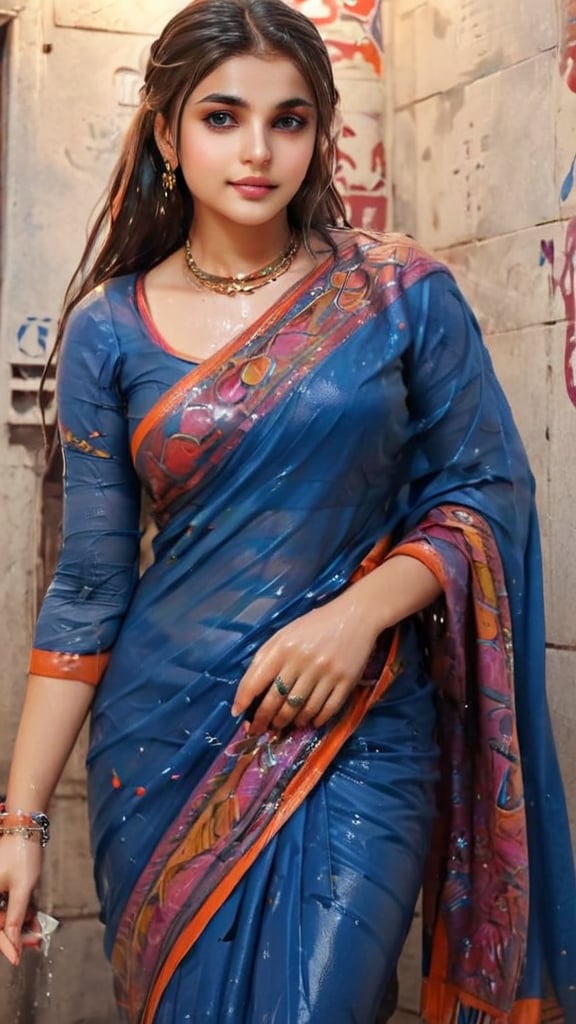 arafed woman in a colorful full sleeve wet saree, graffiti art, antique beautiful a women with madhubani painting, vector art, vibrant colour, beautiful face, good Anotomy,FFIXBG,High detailed ,Color magic, stone texture ,1girl, roujinzhi,Shion face,Saree, wet clothes, wet skin, wet hair, wet face, ,soakingwetclothes,OnlySaree_Style,indian,saree,saree influencer,saree model,realistic,ultra realistic,real face,beautiful