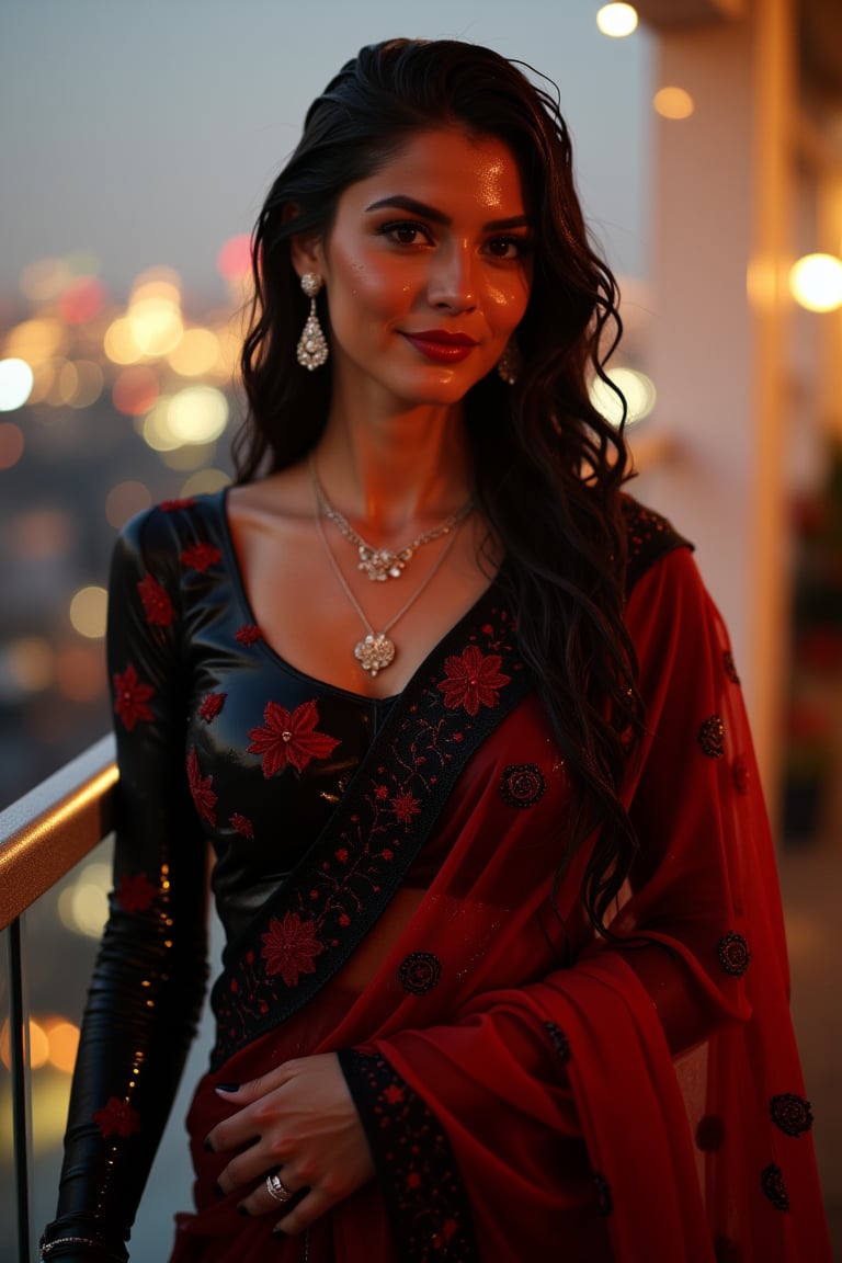 (Wet clothes, wet hair, wet skin:1.2) A sophisticated young woman with an elegant style, attending a high-end rooftop soirée. She is wearing a sleek black traditional saree with red embroidery, long sleeve embroidery blouse and, red shawl, stiletto heels, and diamond earrings.
The setting is a luxurious rooftop with a panoramic city view, sparkling lights in the background. The camera uses a close-up shot with a 70mm lens, highlighting the elegance of her attire and the shimmering skyline. The lighting is soft and golden, with the warm glow of the sunset reflecting off
her dress. The image is in 6K resolution, capturing the refined details of her outfit and the glamour of the evening event, ek_ph0t0_b00ster
,
,,Realistic.,, ,soakingwetclothes, wet clothes, wet hair, wet,,3/4 body image ,wet cloths cling to body,Wet,covered in oil,covered in mud,wam,wetlook, Fetishwet