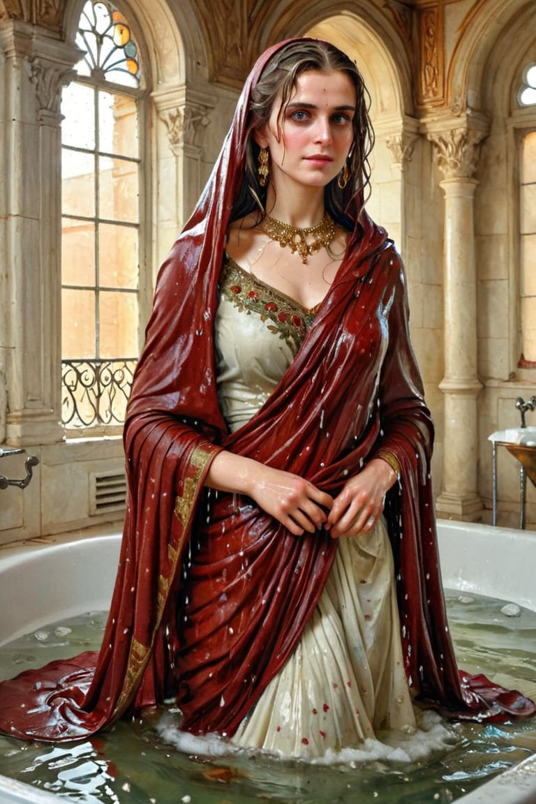masterpiece, best quality, ultra high resolution, visually stunning, beautiful, award-winning art (abstract art: 1.3), beautiful )))A FULL-LENGTH very detalied full leghn , A anime a very beutifful female medieval warhammer style noble smile,, Watercolor, trending on artstation, sharp focus, Indoor photo, white tiles background, intricate details, highly detailed, by greg rutkowski ,more detail XL, shawl,   wet hair, (bathing in royal bathroom), ((wet clothes, victorian ballgown, ,((heavy rain, beautiful faces, soakingwetclothes, wet clothes, wet hair, wet skin, clothes cling to skin, submerged in tub:1.3)),soakingwetclothes,, wet skin, wet face, wet robe,, face focused , soakingwetclothes,art_booster,indian,OnlySaree_Style,,hoopdress,Pakistani dress,saree,saree influencer,saree model
