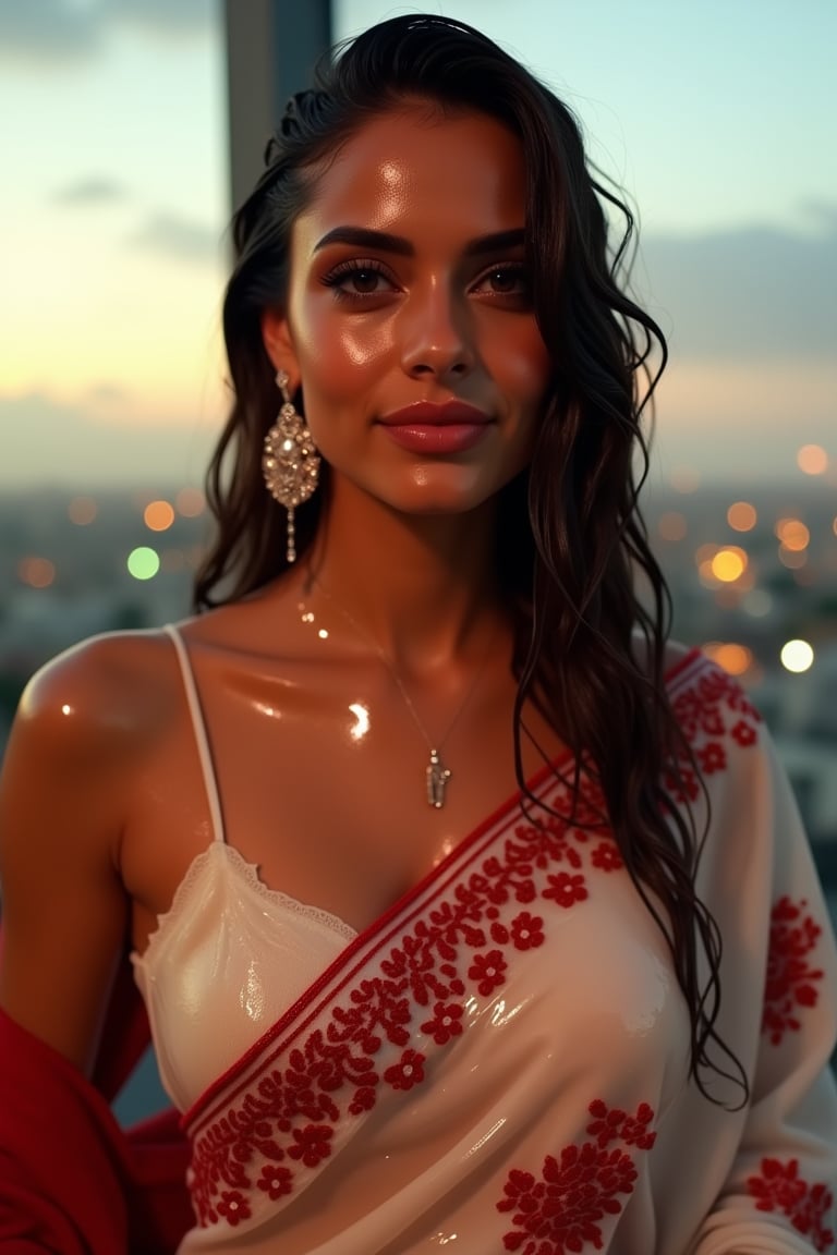 (Wet clothes, wet hair, wet skin:1.2) A sophisticated young woman with an elegant style, attending a high-end rooftop soirée. She is wearing a sleek white traditional saree with red embroidery, long sleeve embroidery blouse and, red shawl, stiletto heels, and diamond earrings.
The setting is a luxurious rooftop with a panoramic city view, sparkling lights in the background. The camera uses a close-up shot with a 70mm lens, highlighting the elegance of her attire and the shimmering skyline. The lighting is soft and golden, with the warm glow of the sunset reflecting off
her dress. The image is in 6K resolution, capturing the refined details of her outfit and the glamour of the evening event, ek_ph0t0_b00ster
,
,,Realistic.,, ,soakingwetclothes, wet clothes, wet hair, wet,,3/4 body image ,wet cloths cling to body,Wet,covered in oil,covered in mud,wam,wetlook, Fetishwet