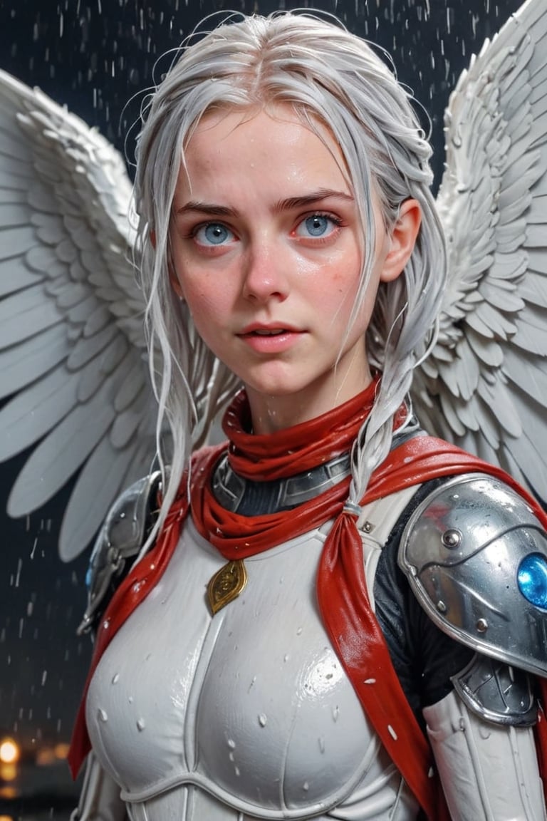 Heavy raining, An concept art of a ethereal wet gothic irish,, 50 mm lens ,,4k,ultra detailed, best quality, masterpiece, 18yo 1girl, ((Full body armor,complex multi-layered cotton armor, cotton scale armor, many complex cotton armor elements, ultra light tight armor, no helmet, insane detail full leg armor)) ((( huge long wings ,1black other is white:1.5)))blue hair,diagonal bangs,french braid,hime_cut,long hair,red neckerchief,canine teeth

 (Beautiful and detailed eyes),
Detailed face, detailed eyes, double eyelids, real hands, ((short hair with long locks:1.2)), ,meteor shower black background,
,,Realistic.,, ,soakingwetclothes, wet clothes, wet hair, wet,,3/4 body image ,wet cloths cling to body