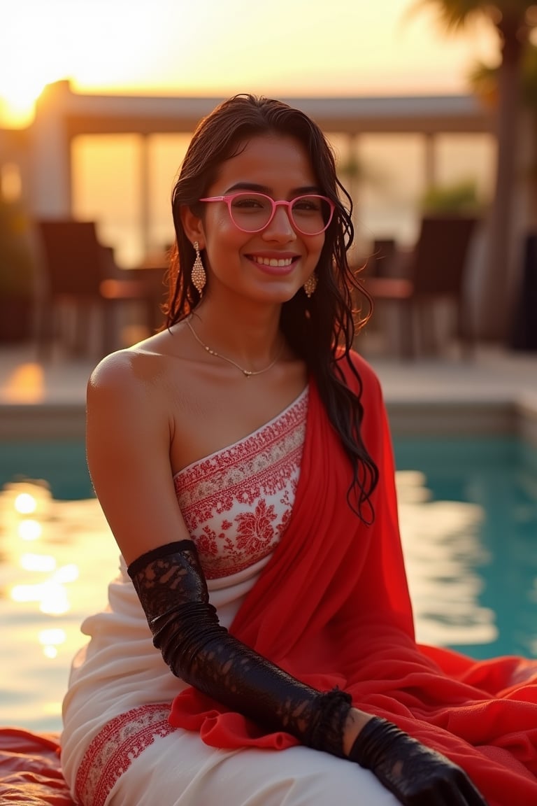 (Wet clothes, wet hair, wet skin:1.2) Capture an enchanting image of a soaking wet cute girl seated gracefully on an oversized, plush cushion. Her outfit is quintessential sleek white traditional saree with red embroidery, long sleeve embroidery blouse and, red shawl, stiletto heels, and diamond earrings. . She wears pink-rimmed glasses that add a touch of whimsy to her look. Her ensemble includes wet hair paired with delicate black lace wet gloves, and she completes the look with stylish.

. The camera uses a close-up shot with a 70mm lens, highlighting the elegance of her attire and the shimmering skyline. The lighting is soft and golden, with the warm glow of the sunset reflecting off
her dress. The image is in 6K resolution, capturing the refined details of her outfit and the glamour of the evening event, ek_ph0t0_b00ster
,
,,Realistic.,, ,soakingwetclothes, wet clothes, wet hair, wet,,3/4 body image ,wet cloths cling to body,Wet,covered in oil,covered in mud,wam,wetlook, Fetishwet