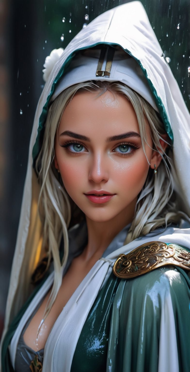 An concept art of an ethereal wet elf lady dressed in wet Renaissance court dress cape, (RAW photo, best quality), (realistic, photo-Realistic:1.1), best quality, masterpiece, beautiful and aesthetic, 16K, (HDR:1.2), high contrast, (vibrant color:1.3), (muted colors, dim colors, soothing tones:0), cinematic lighting, ambient lighting, sidelighting, Exquisite details and textures, cinematic shot, Warm tone, (Bright and intense:1.1), wide shot, by xm887, ultra realistic illustration, siena natural ratio, (random view:1.4), (random poses:1.4), Dark wet blonde long bob cut with blunt bangs, (a shy smile:1.4), white bracelet, wearing a wet white winter jacket and scarf, wet white fur hat, a beautiful German wet girl with a tattoo, soaked, gray eyes, a small earrings, ultra hd, realistic, vivid colors, highly detailed, UHD drawing, pen and ink, perfect composition, beautiful detailed intricate insanely detailed octane render trending on artstation, 8k artistic photography, photorealistic concept art, soft natural volumetric cinematic perfect light. knight,soakingwetclothes, wet clothes, wet hair, wet skin, wet face,, face focused, skin pores