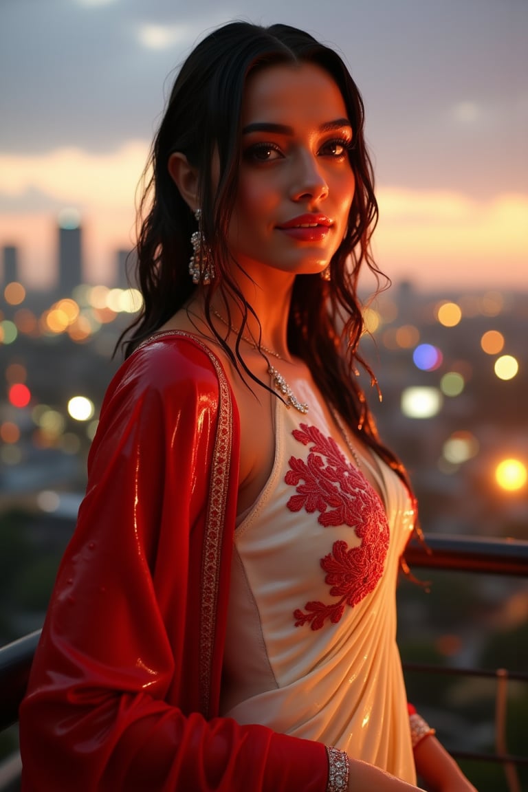 (Wet clothes, wet hair, wet skin:1.2) A sophisticated young woman with an elegant style, attending a high-end rooftop soirée. She is wearing a sleek white traditional saree with red embroidery, long sleeve embroidery blouse and, red shawl, stiletto heels, and diamond earrings.
The setting is a luxurious rooftop with a panoramic city view, sparkling lights in the background. The camera uses a close-up shot with a 70mm lens, highlighting the elegance of her attire and the shimmering skyline. The lighting is soft and golden, with the warm glow of the sunset reflecting off
her dress. The image is in 6K resolution, capturing the refined details of her outfit and the glamour of the evening event, ek_ph0t0_b00ster
,
,,Realistic.,, ,soakingwetclothes, wet clothes, wet hair, wet,,3/4 body image ,wet cloths cling to body,Wet,covered in oil,covered in mud,wam,wetlook, Fetishwet